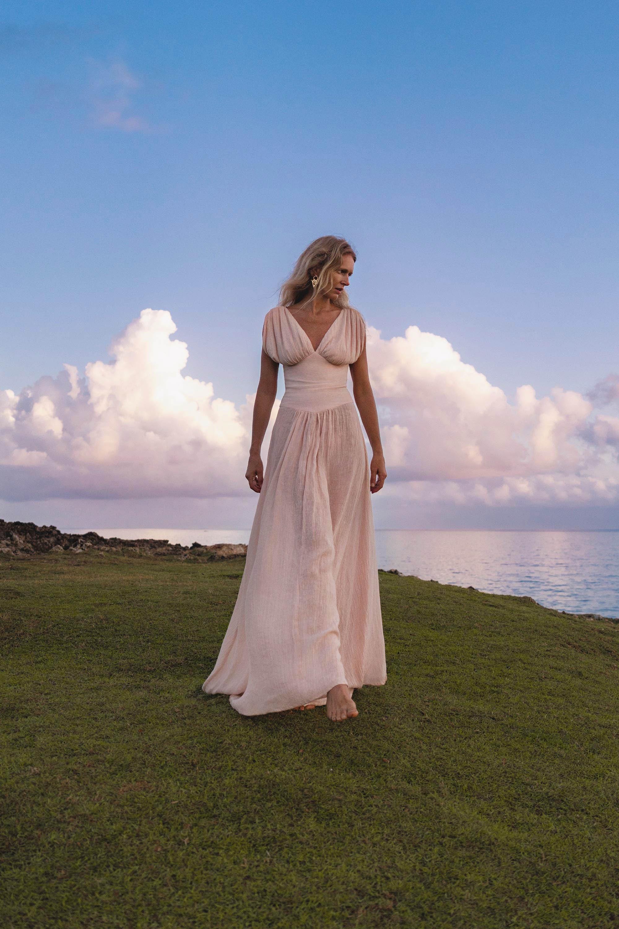 Japan Dress Light Pink Cotton Maxi, Handmade Boho Flowing Skirt, Deep V Corset Back Sustainable Slow Fashion - AYA SW IDR