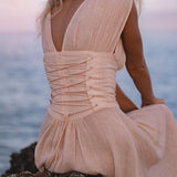 Japan Dress Light Pink Cotton Maxi, Handmade Boho Flowing Skirt, Deep V Corset Back Sustainable Slow Fashion - AYA SW IDR