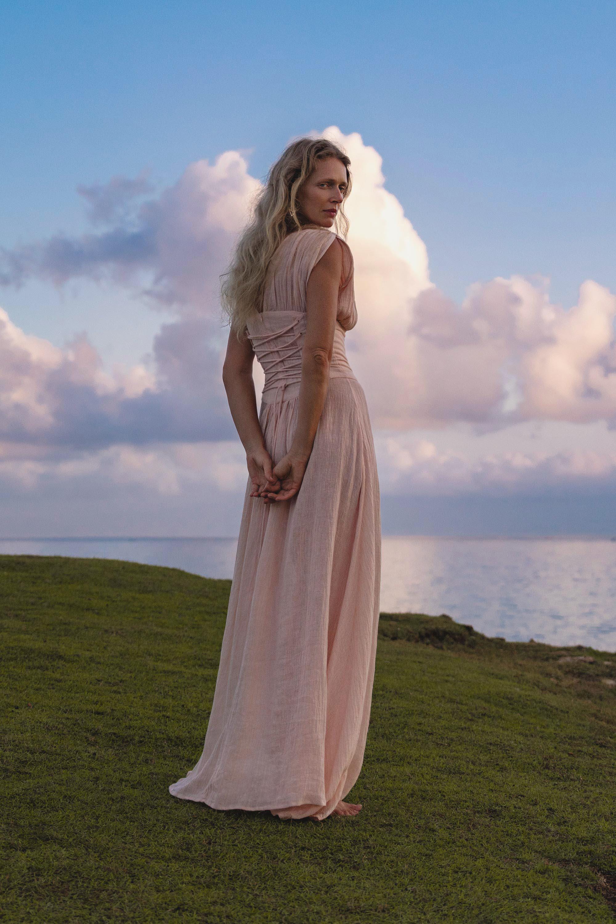 Japan Dress Light Pink Cotton Maxi, Handmade Boho Flowing Skirt, Deep V Corset Back Sustainable Slow Fashion - AYA SW IDR