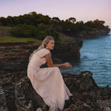 Japan Dress Light Pink Cotton Maxi, Handmade Boho Flowing Skirt, Deep V Corset Back Sustainable Slow Fashion - AYA SW IDR