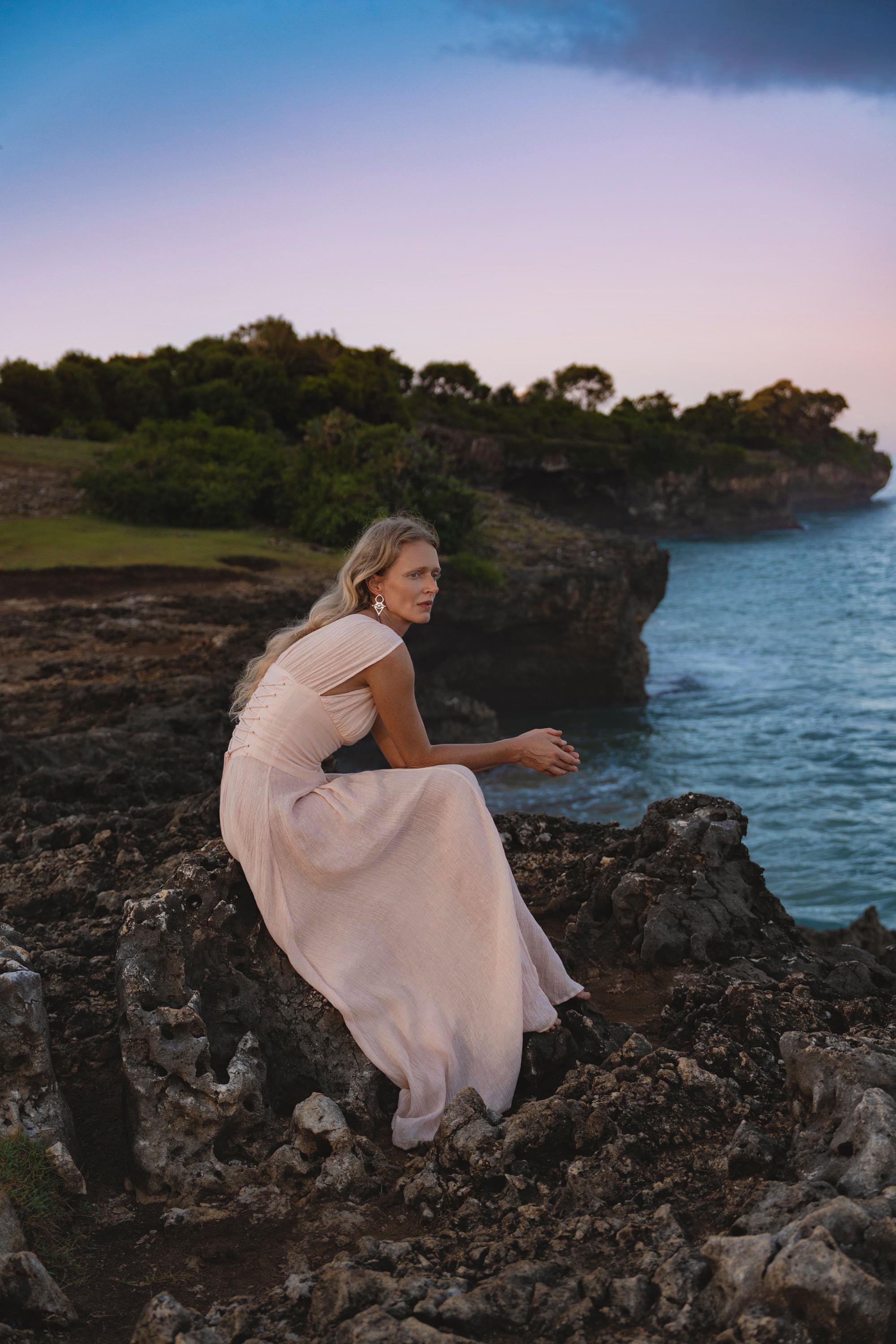 Japan Dress Light Pink Cotton Maxi, Handmade Boho Flowing Skirt, Deep V Corset Back Sustainable Slow Fashion - AYA SW IDR