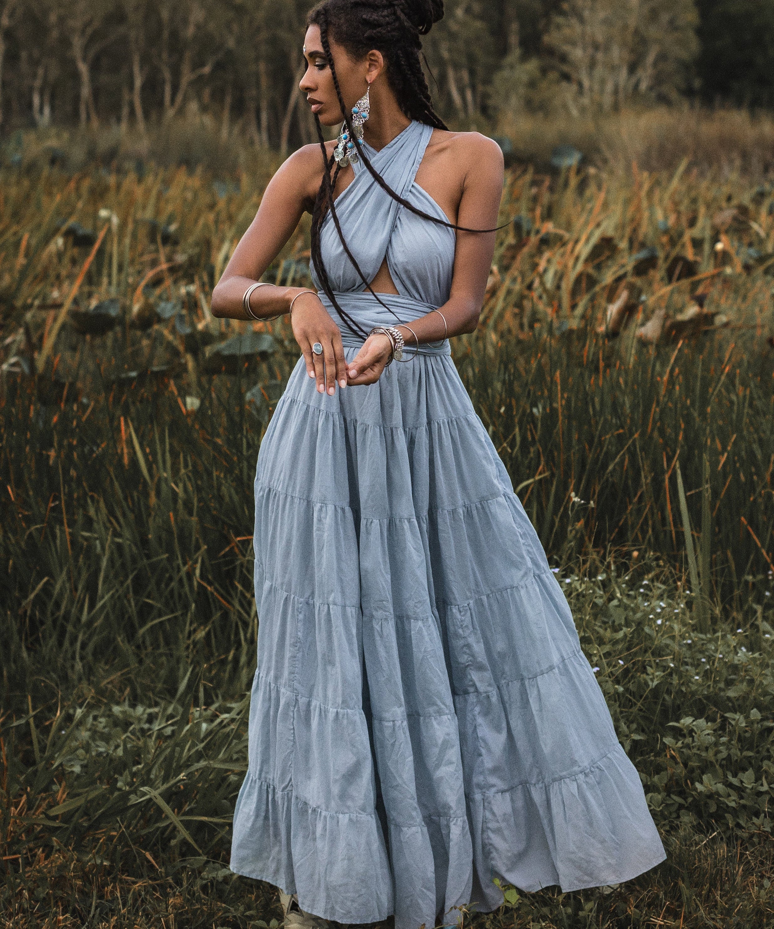 Light Blue Bohemian Adjustable Dress • Boho Evening Open Back Belly Dress - AYA SW IDR