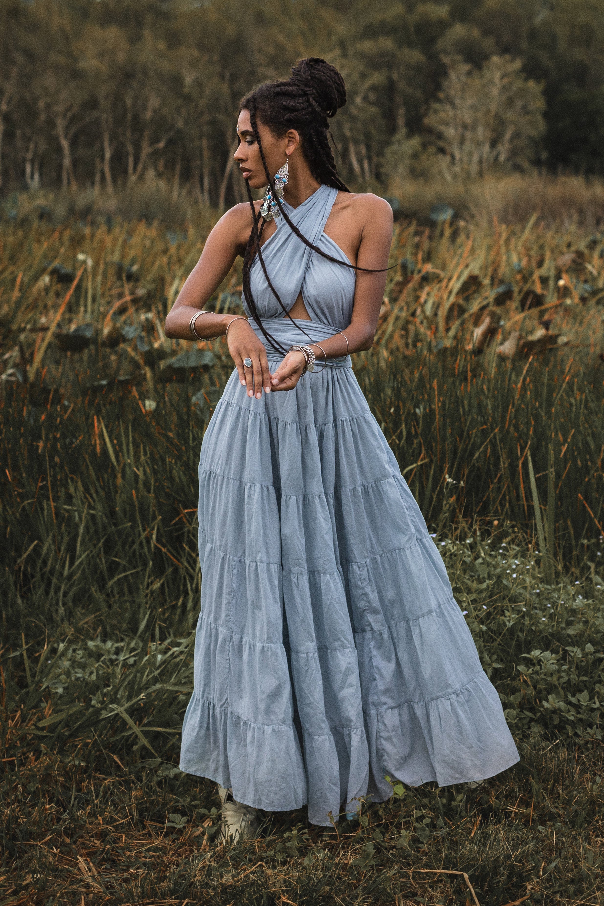 Light Blue Bohemian Adjustable Dress • Boho Evening Open Back Belly Dress - AYA SW IDR