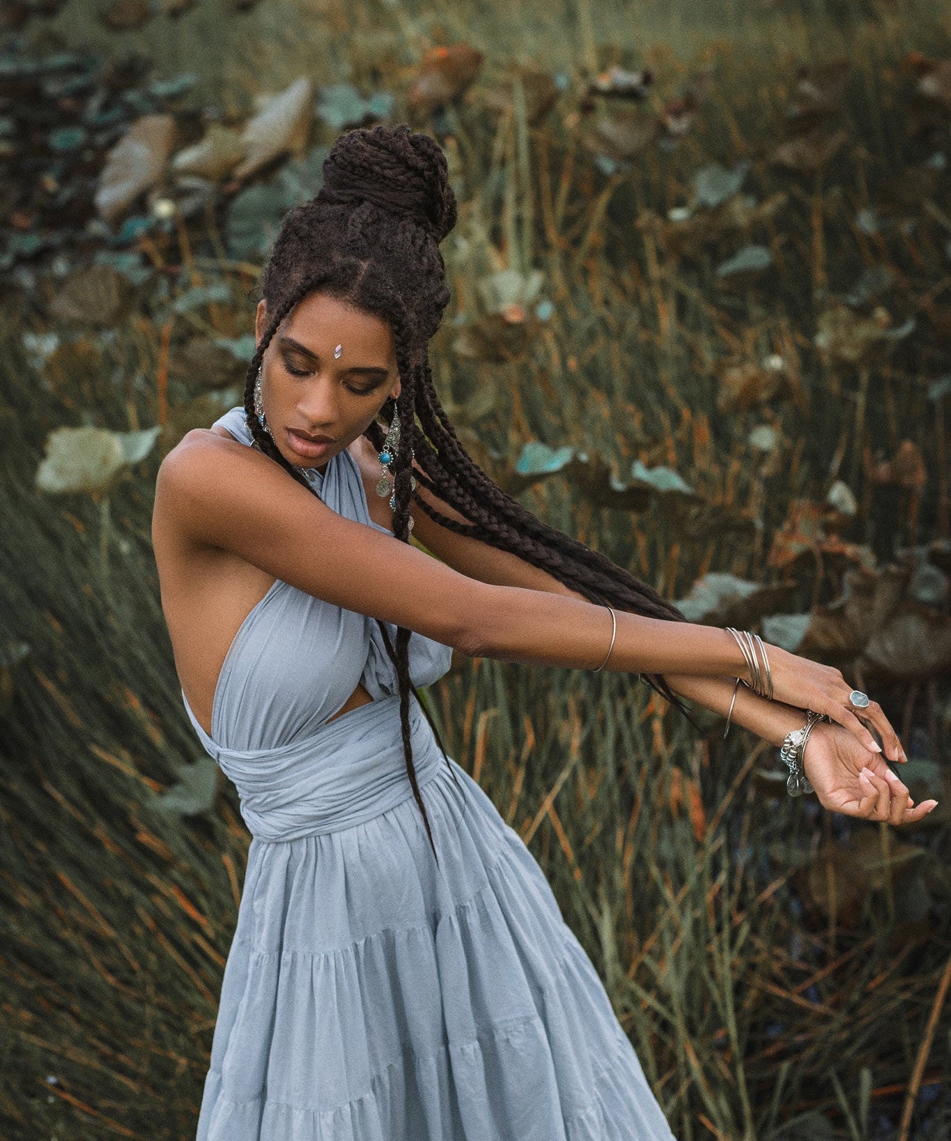 Light Blue Bohemian Adjustable Dress • Boho Evening Open Back Belly Dress - AYA SW IDR