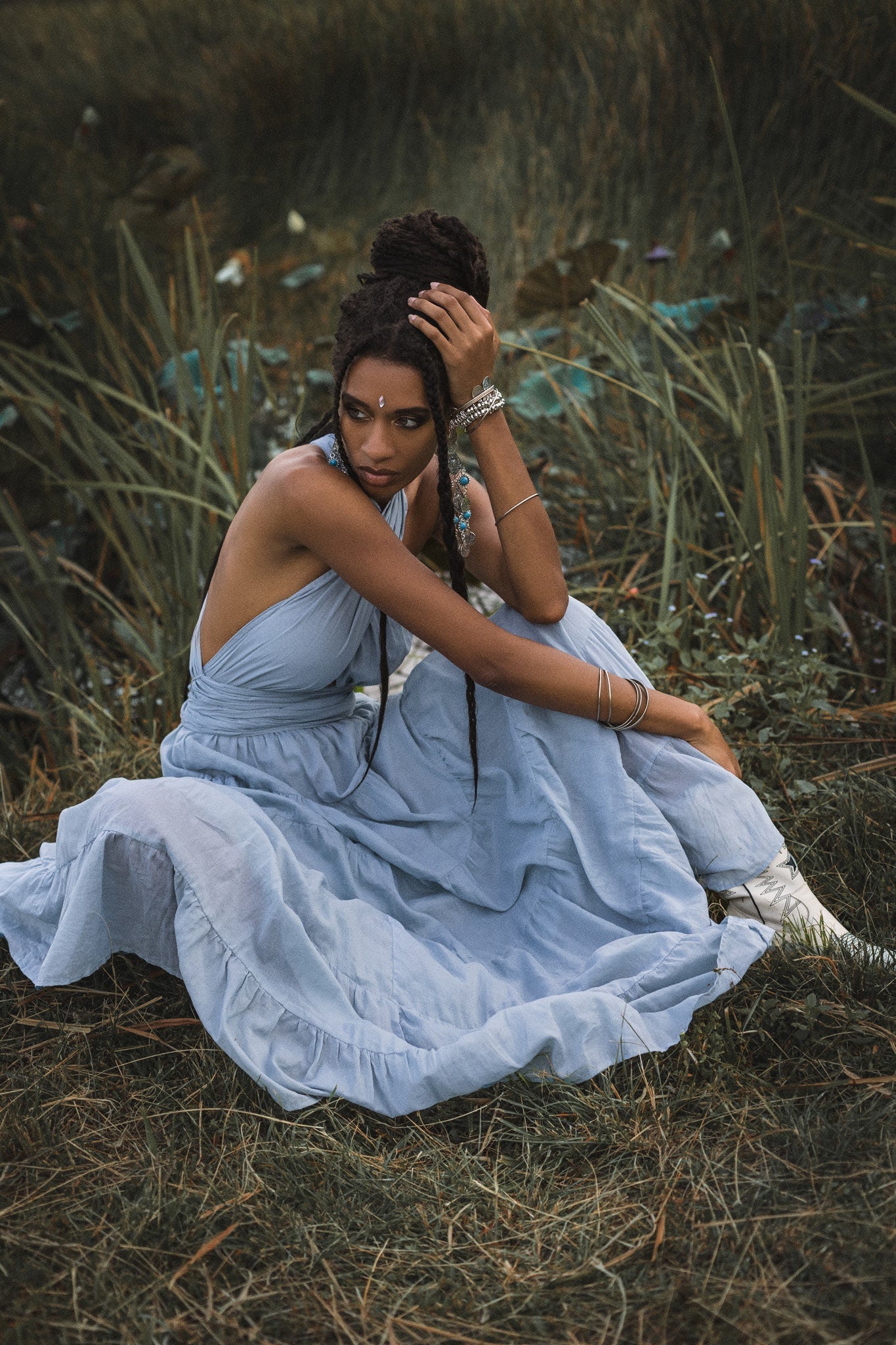 Light Blue Bohemian Adjustable Dress • Boho Evening Open Back Belly Dress - AYA SW IDR