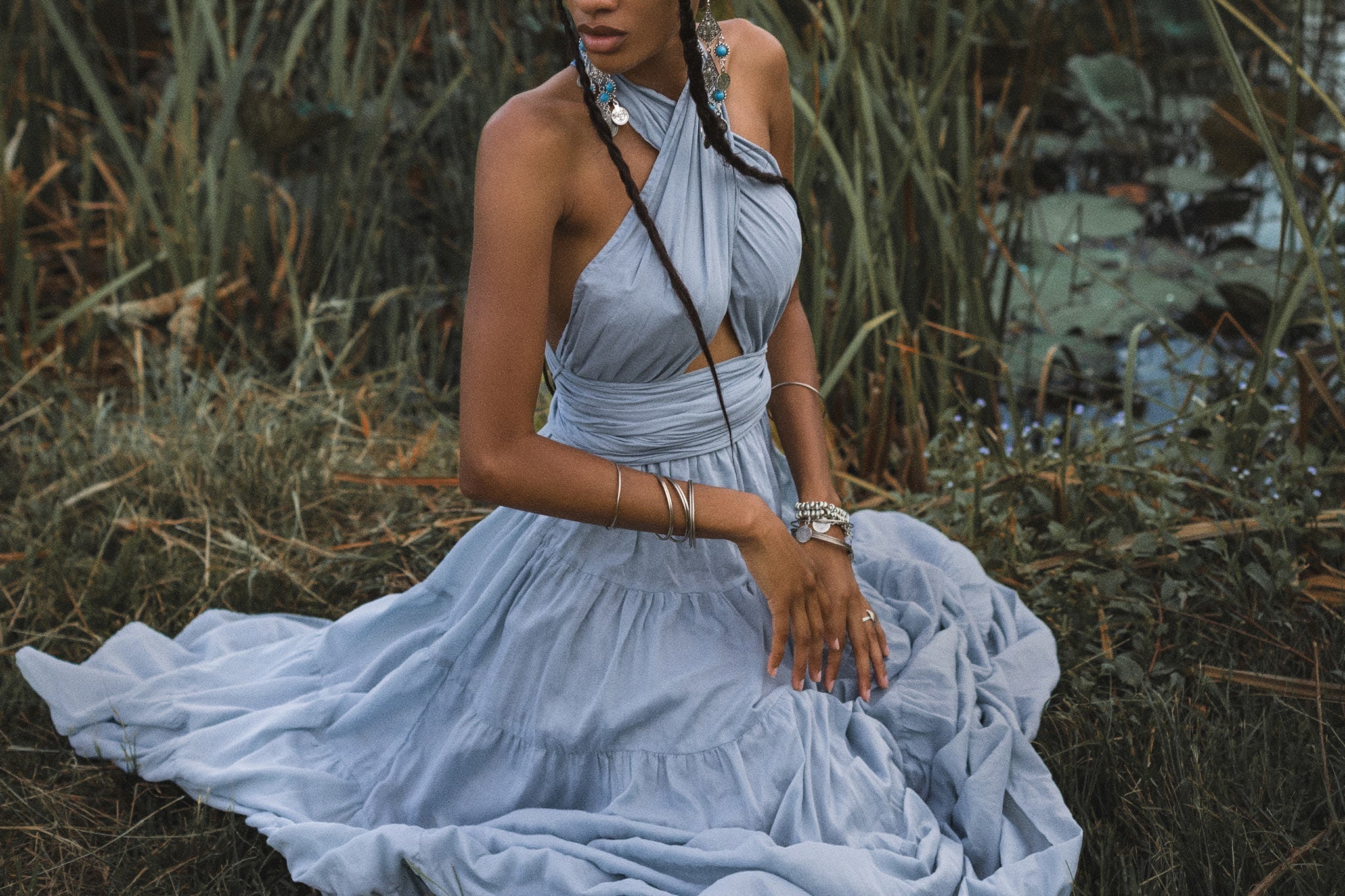 Light Blue Bohemian Adjustable Dress • Boho Evening Open Back Belly Dress - AYA SW IDR
