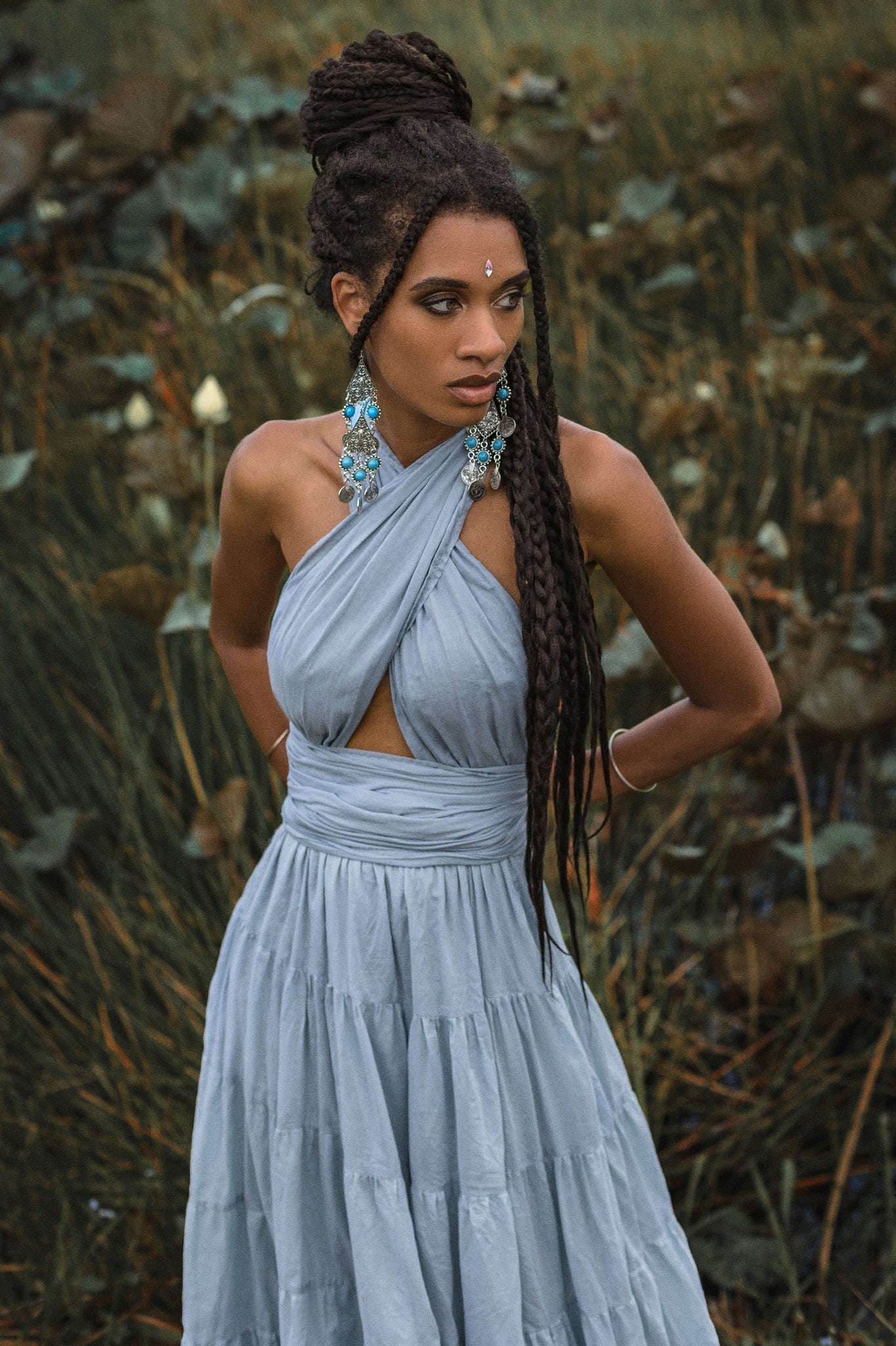 Light Blue Bohemian Adjustable Dress • Boho Evening Open Back Belly Dress - AYA SW IDR