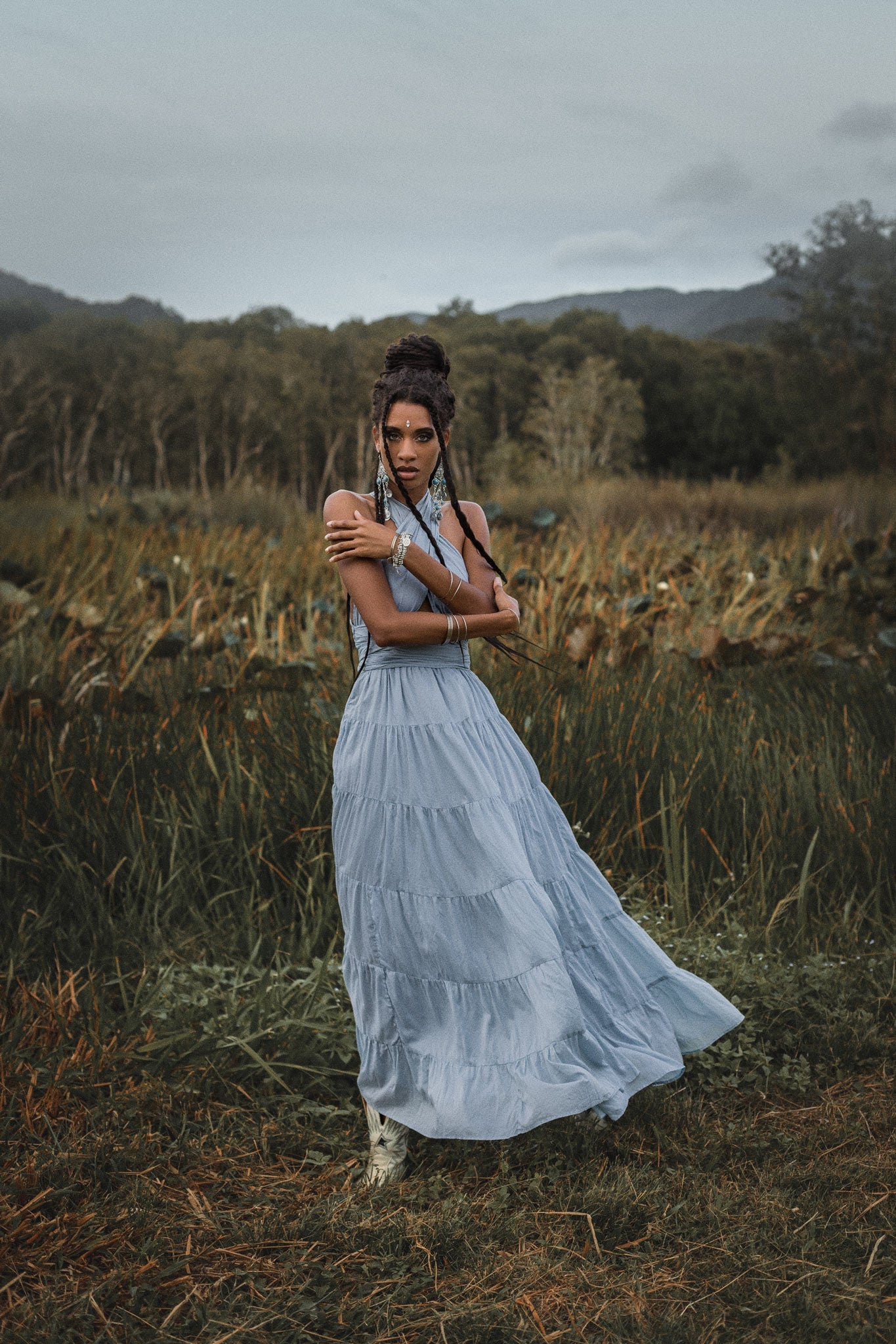 Light Blue Bohemian Adjustable Dress • Boho Evening Open Back Belly Dress - AYA SW IDR