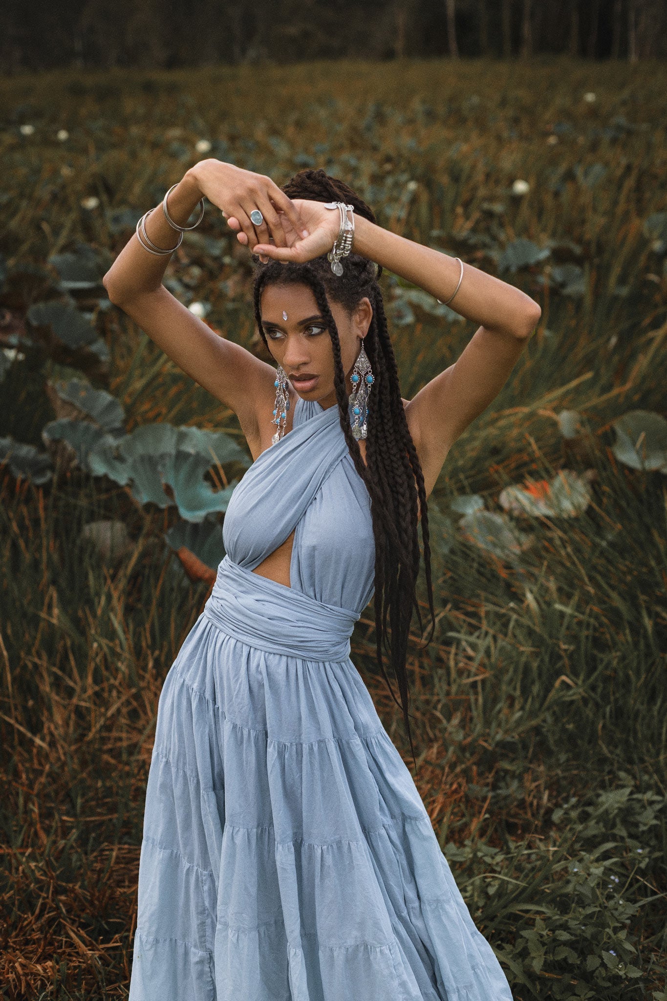 Light Blue Bohemian Adjustable Dress • Boho Evening Open Back Belly Dress - AYA SW IDR