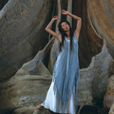 Look effortless and beautiful in this "Threads of Life" dress with its stunning deep blue hand-loomed layover and handmade embroidery.