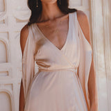 Dusty Pink and Cream Goddess Dress: Ahimsa Silk, Boho Elegant Style, Perfect for Wedding Guests or Bridesmaids.