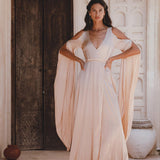 Ombre Light Cream & Dusty Pink Goddess Dress: Elegant Silk Wedding Guest & Bridesmaid Dress with Wrap Kimono Maxi Bell Sleeves