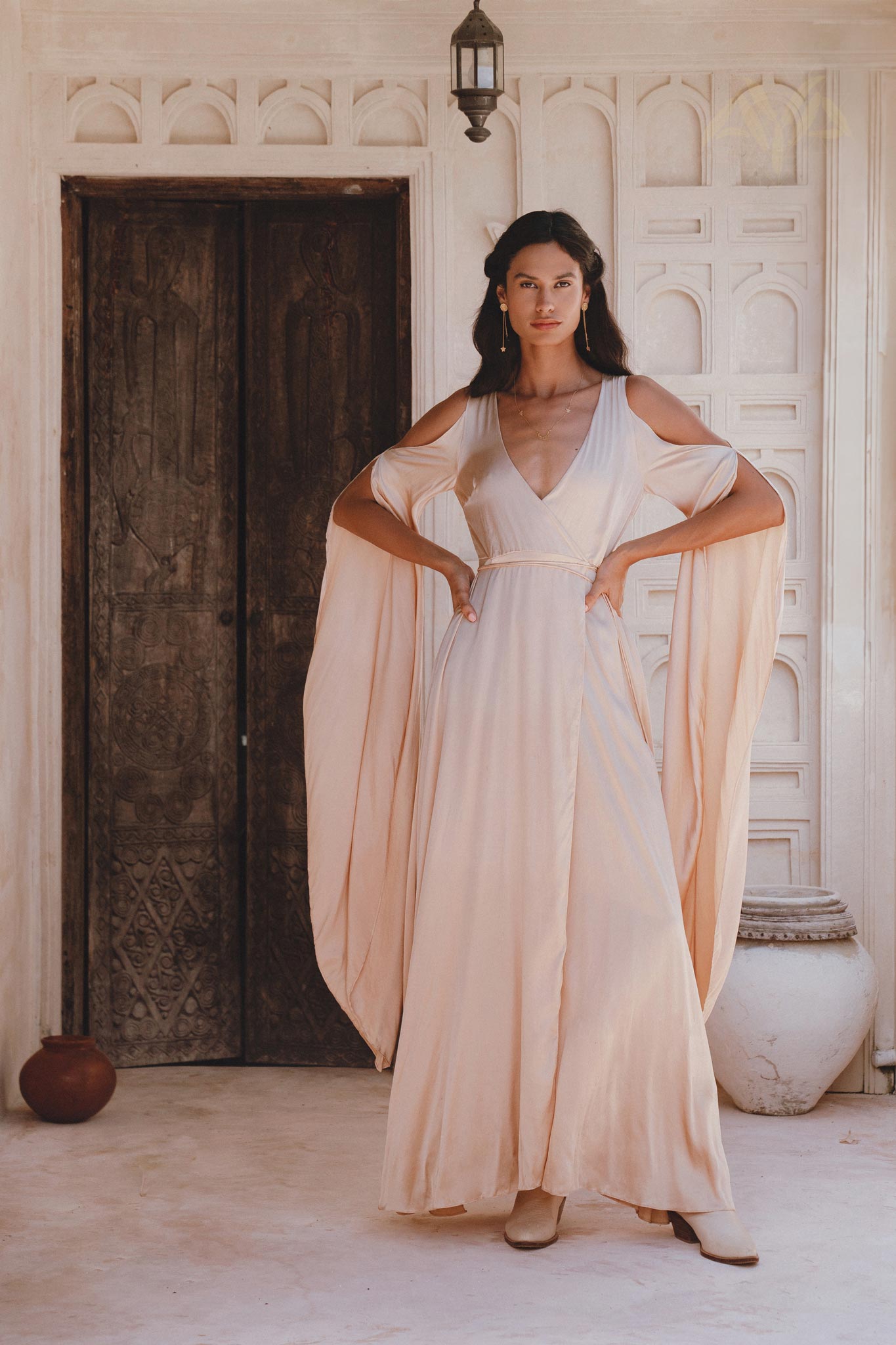 Ombre Light Cream & Dusty Pink Goddess Dress: Elegant Silk Wedding Guest & Bridesmaid Dress with Wrap Kimono Maxi Bell Sleeves