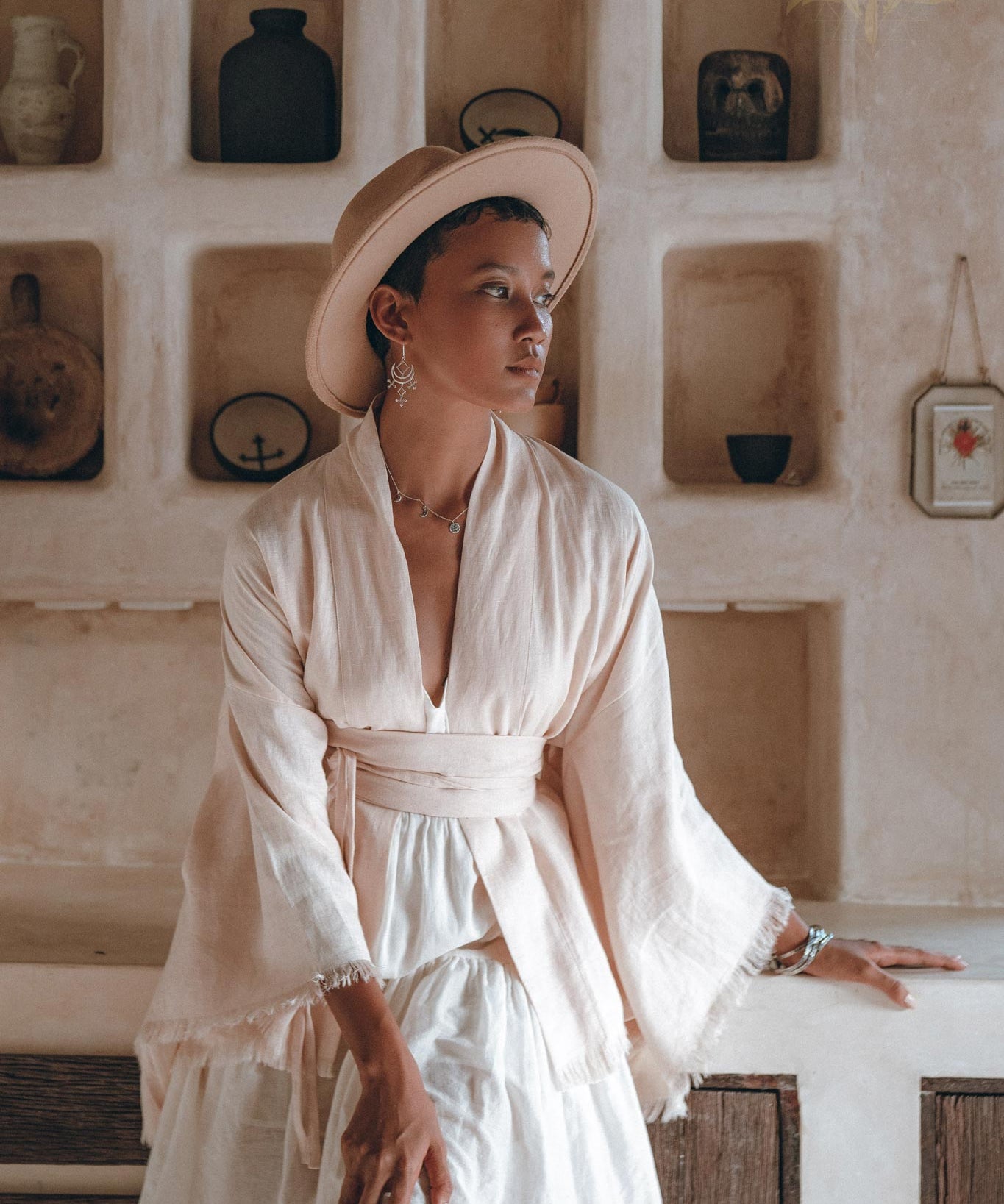 Short Linen Kimono Wrap with Belt, Linen Cardigan for Women - AYA Sacred Wear