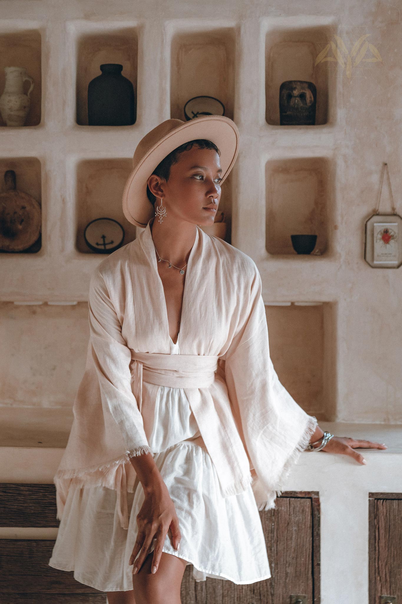 Short Linen Kimono Wrap with Belt, Linen Cardigan for Women - AYA Sacred Wear