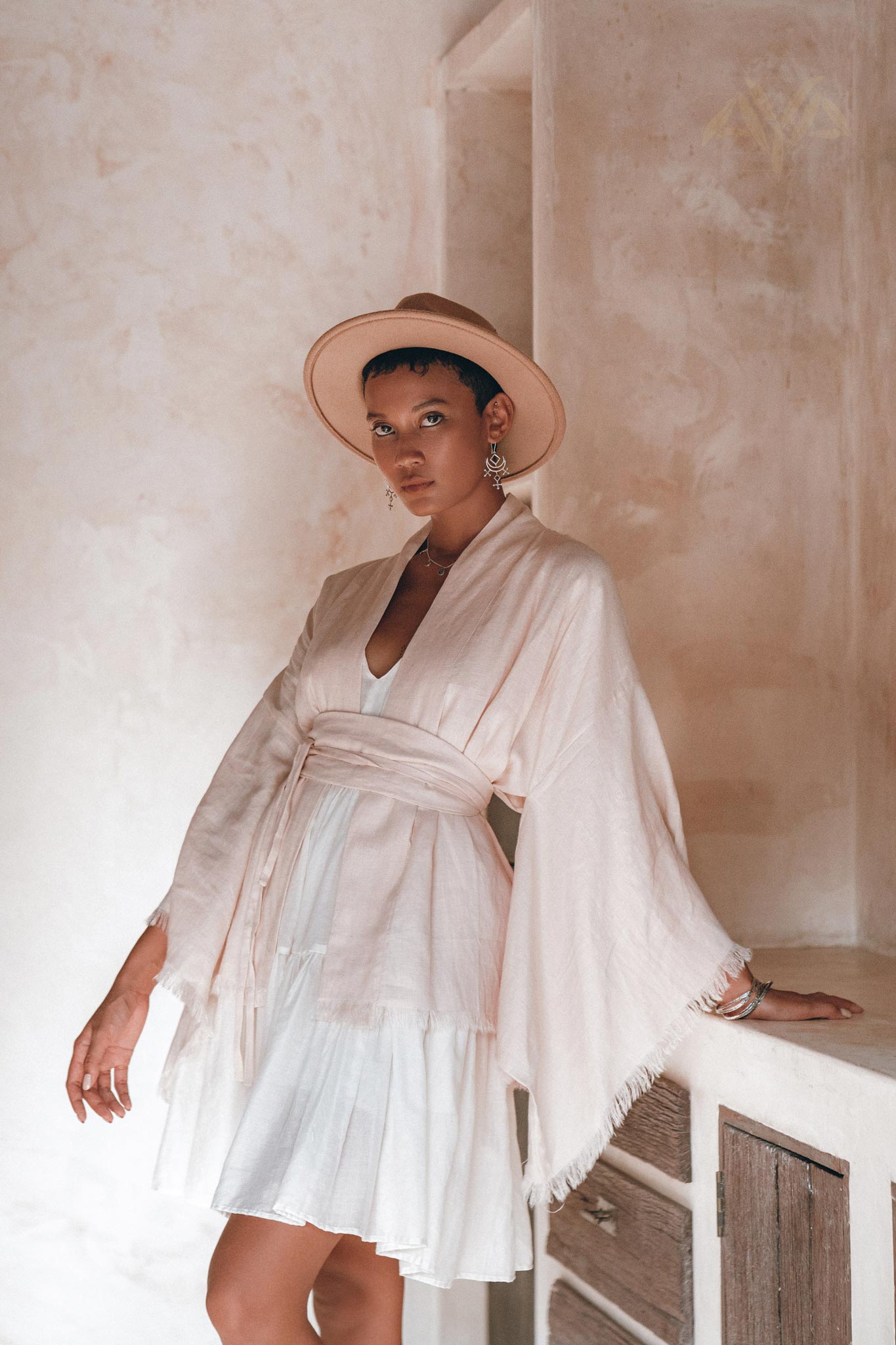 Short Linen Kimono Wrap with Belt, Linen Cardigan for Women - AYA Sacred Wear