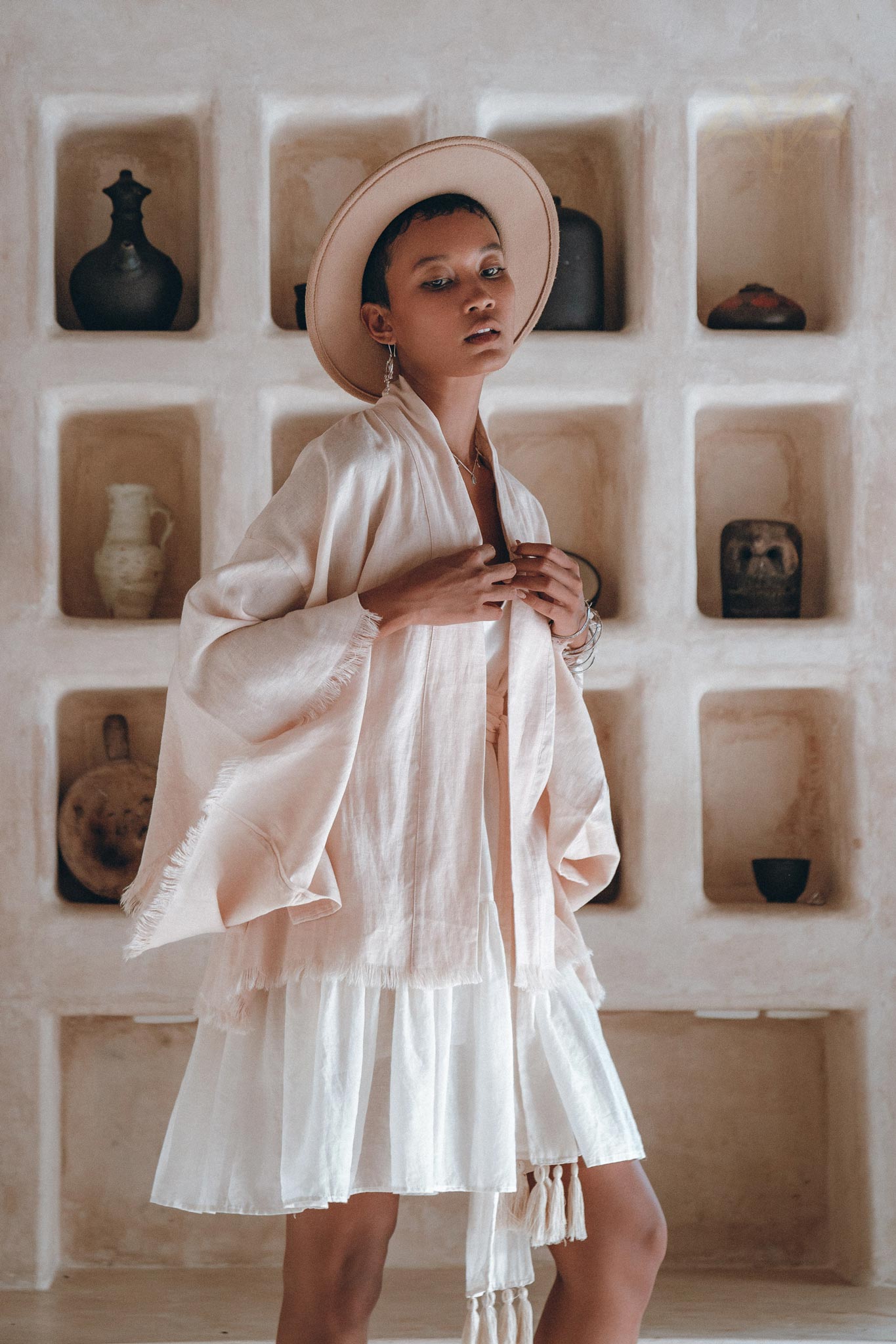 Short Linen Kimono Wrap with Belt, Linen Cardigan for Women - AYA Sacred Wear