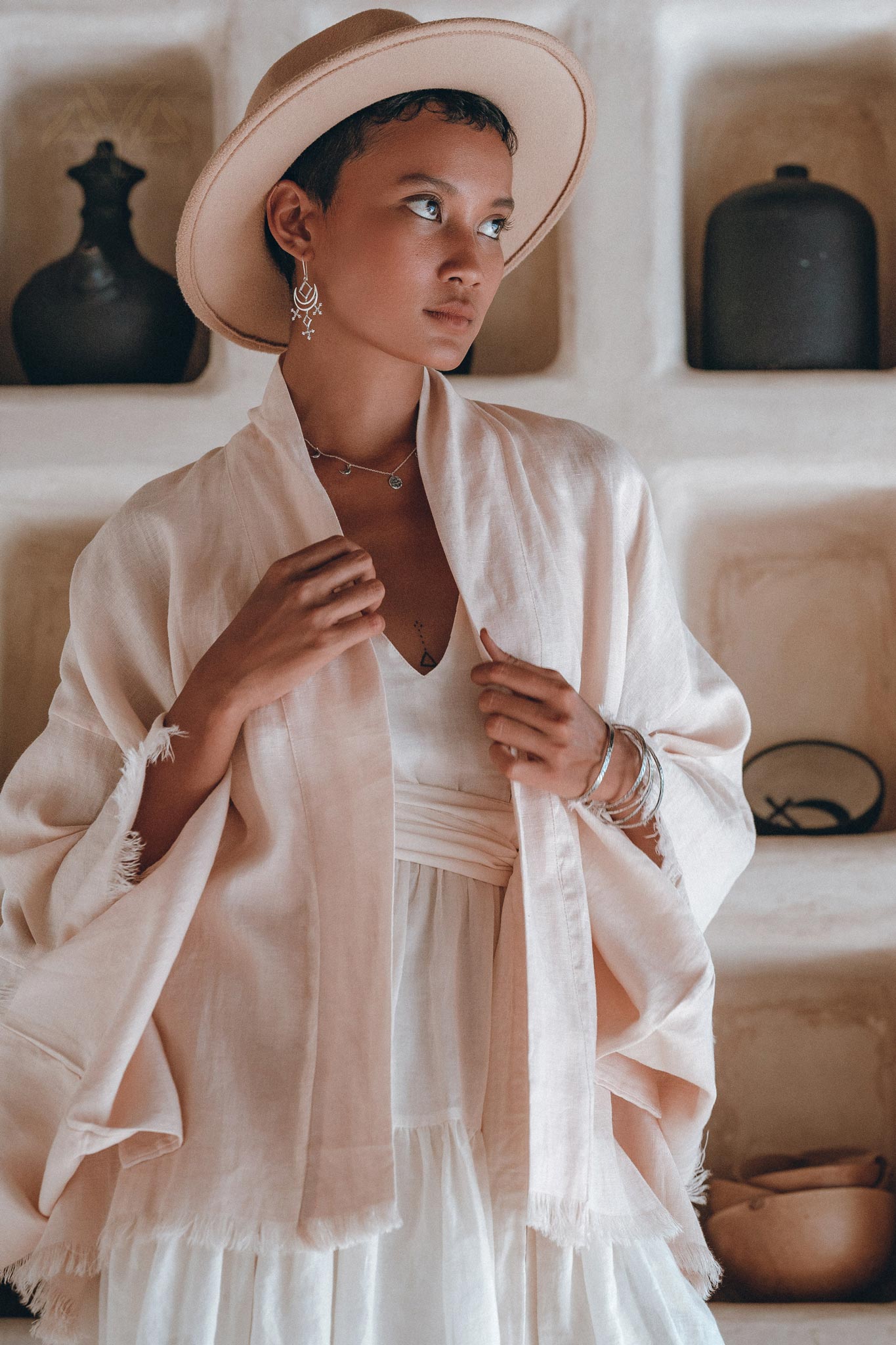 Short Linen Kimono Wrap with Belt, Linen Cardigan for Women - AYA Sacred Wear