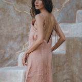 Linen Boho Bridesmaid Dress • Pink Linen Bohemian Slip Midi Dress - AYA SW IDR