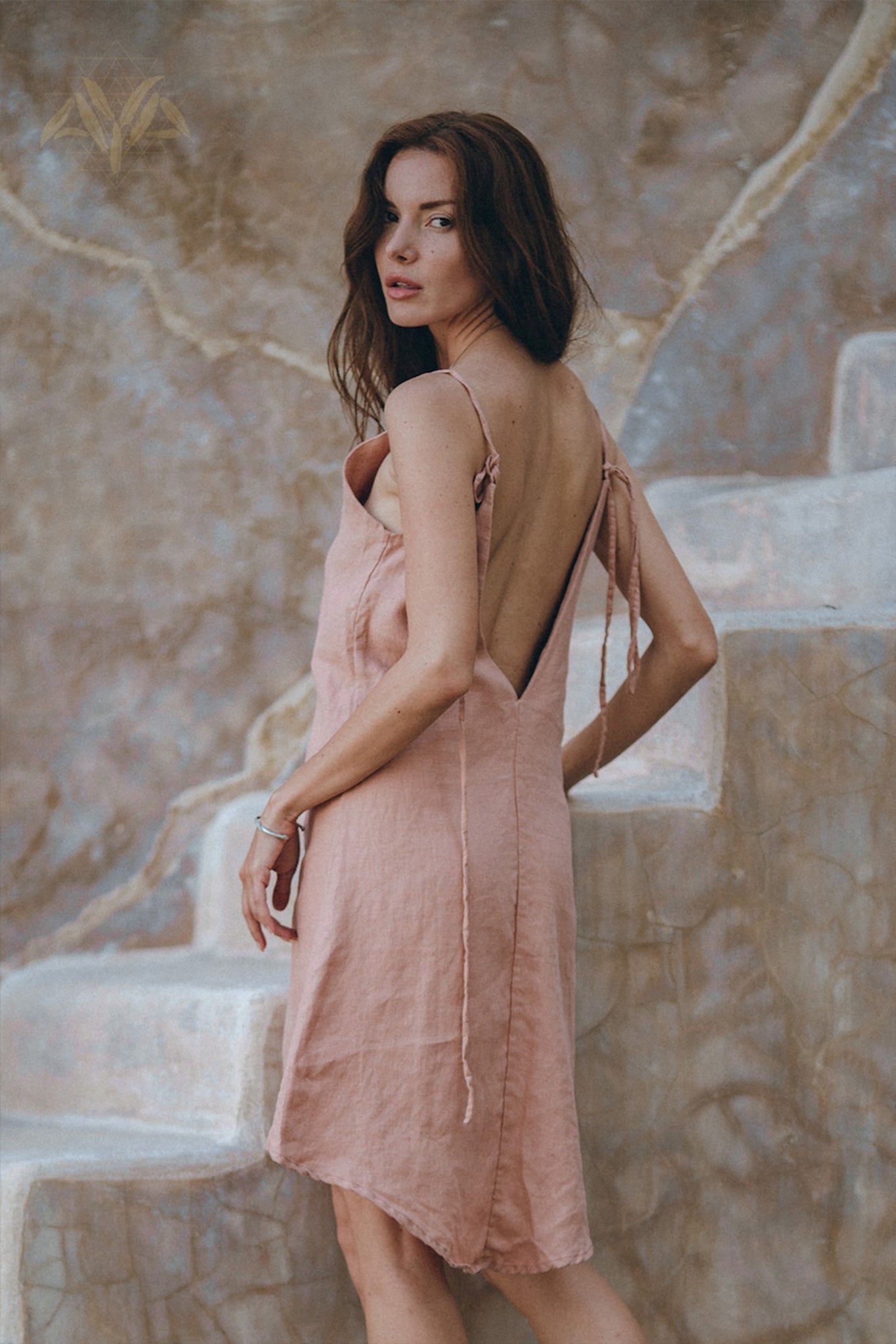 Linen Boho Bridesmaid Dress • Pink Linen Bohemian Slip Midi Dress - AYA SW IDR
