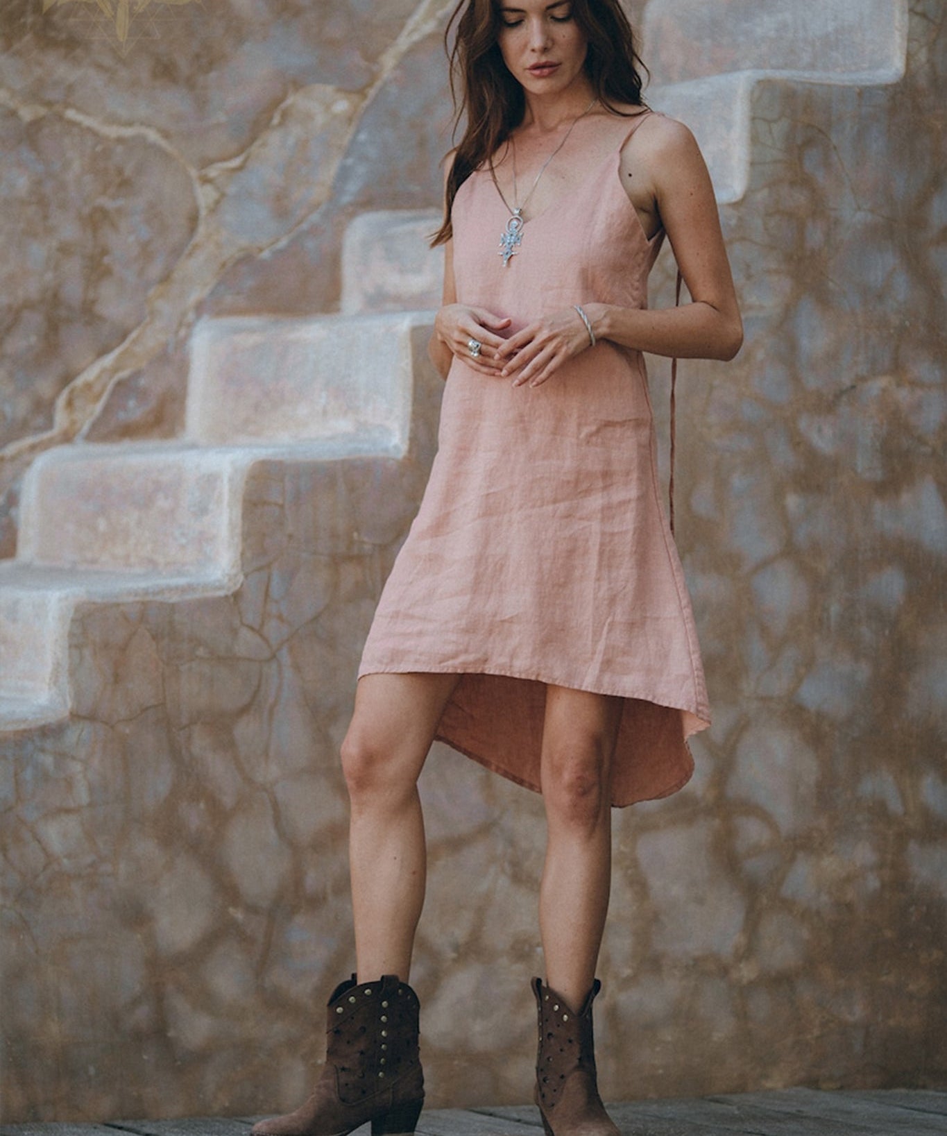 Linen Boho Bridesmaid Dress • Pink Linen Bohemian Slip Midi Dress - AYA SW IDR