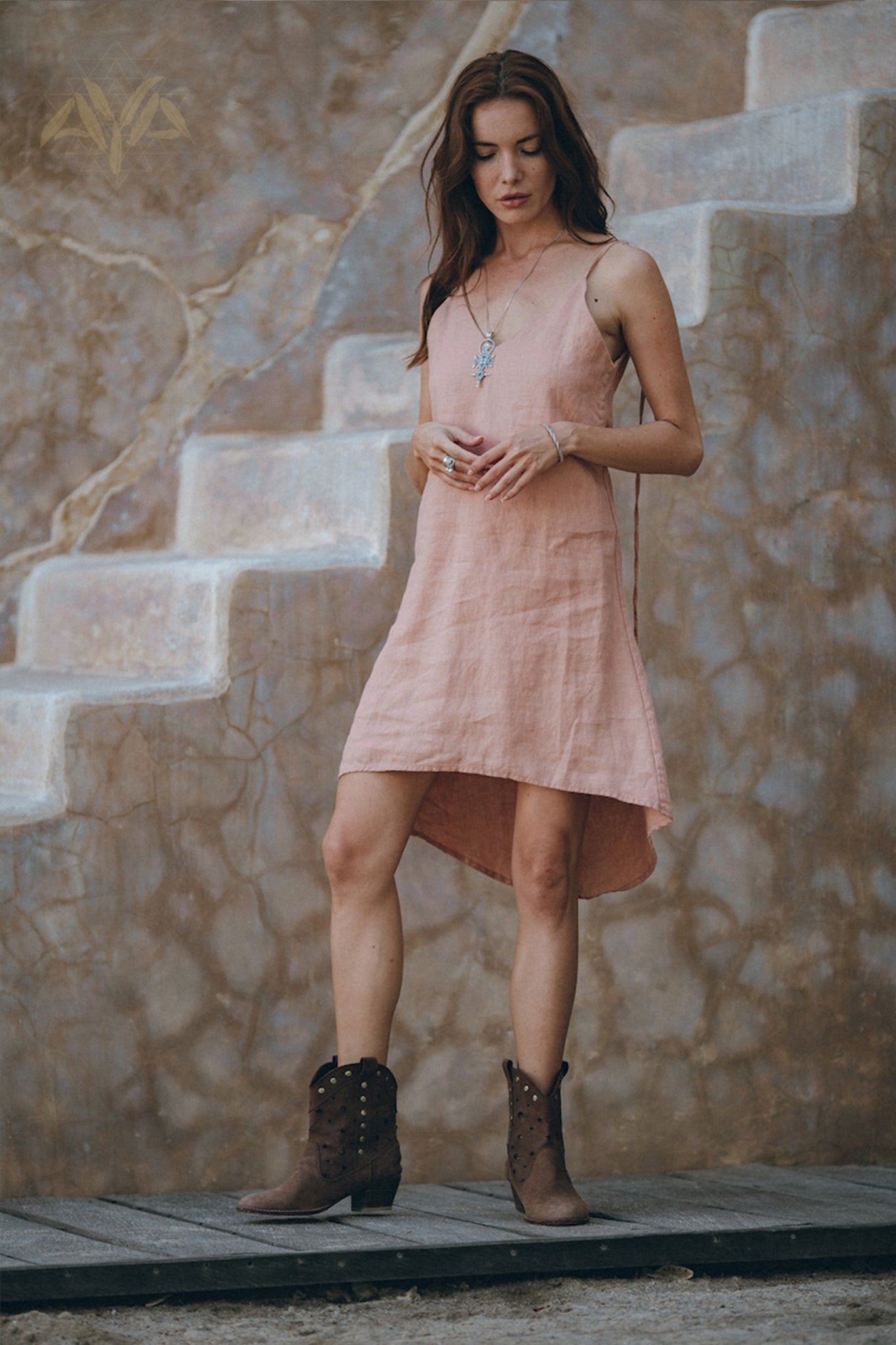 Linen Boho Bridesmaid Dress • Pink Linen Bohemian Slip Midi Dress - AYA SW IDR