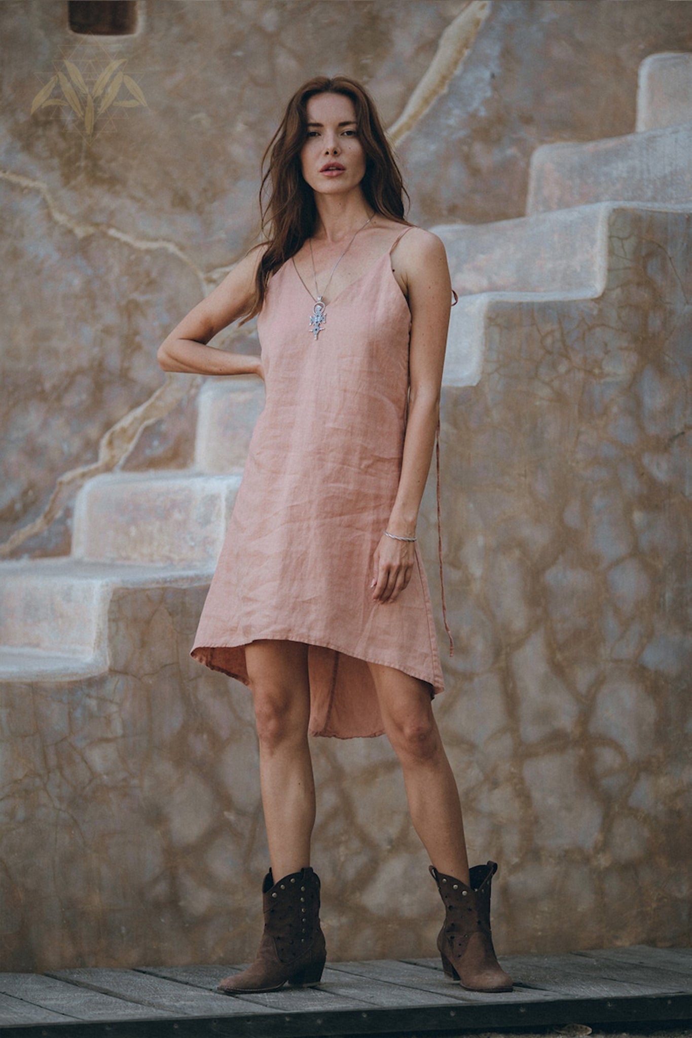 Linen Boho Bridesmaid Dress • Pink Linen Bohemian Slip Midi Dress - AYA SW IDR