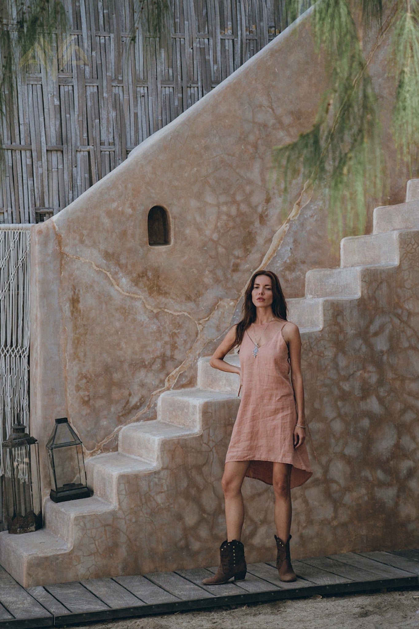 Linen Boho Bridesmaid Dress • Pink Linen Bohemian Slip Midi Dress - AYA SW IDR