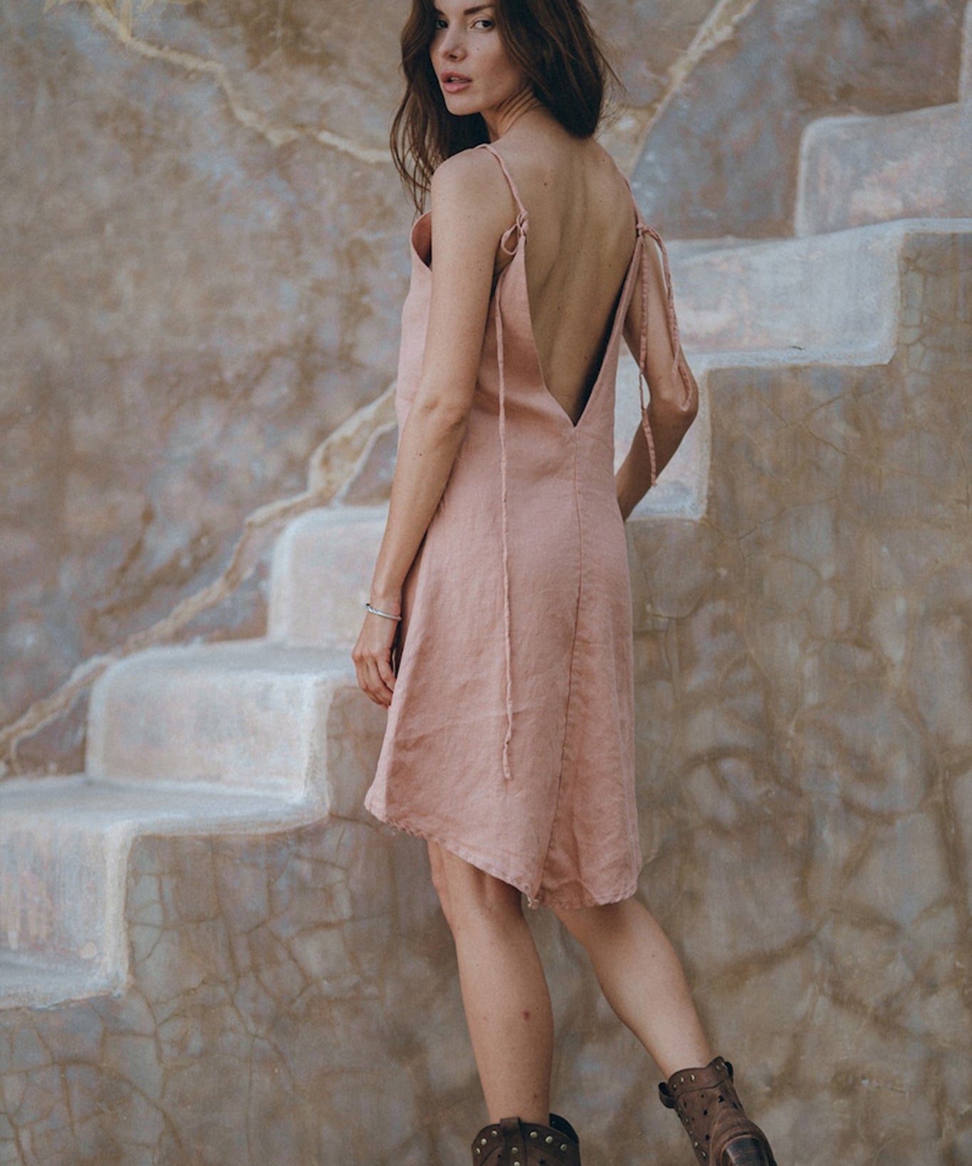 Linen Boho Bridesmaid Dress • Pink Linen Bohemian Slip Midi Dress - AYA SW IDR