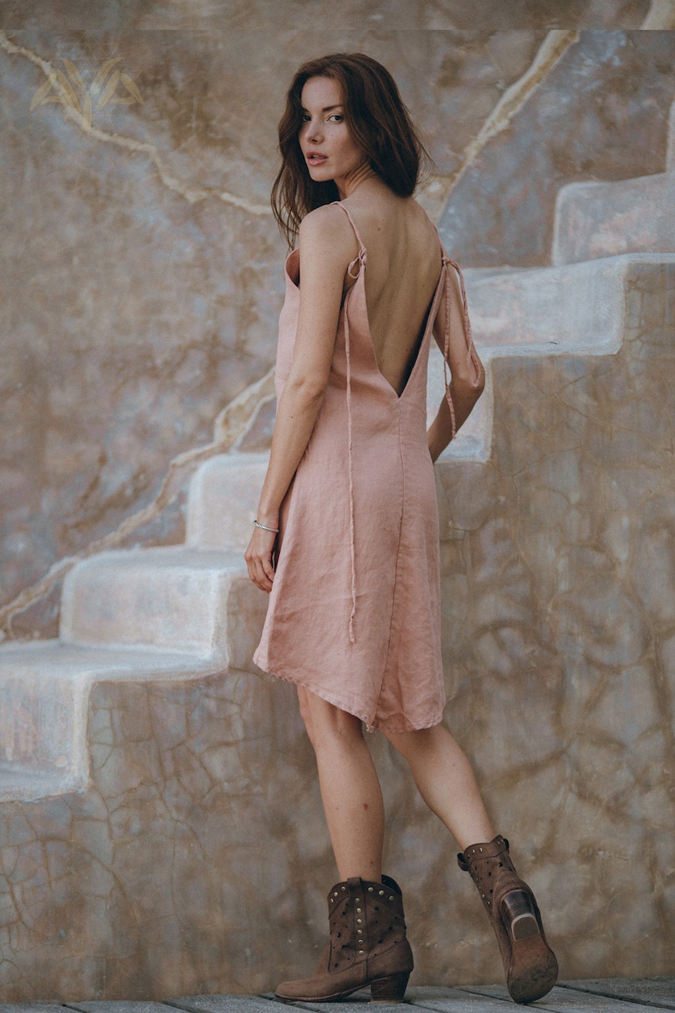 Linen Boho Bridesmaid Dress • Pink Linen Bohemian Slip Midi Dress - AYA SW IDR