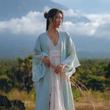 Linen Cardigan with Belt • Linen Sky Blue Overcoat • Long Jacket Women - AYA SW IDR