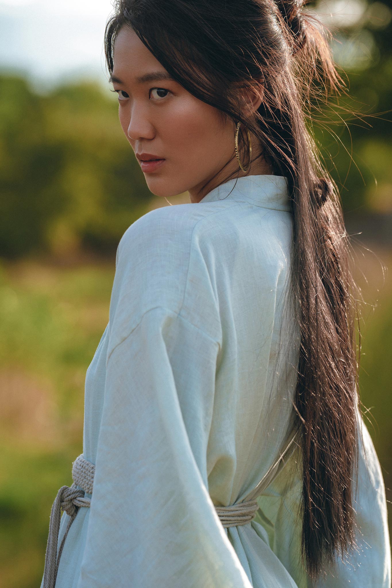 Linen Cardigan with Belt • Linen Sky Blue Overcoat • Long Jacket Women - AYA SW IDR