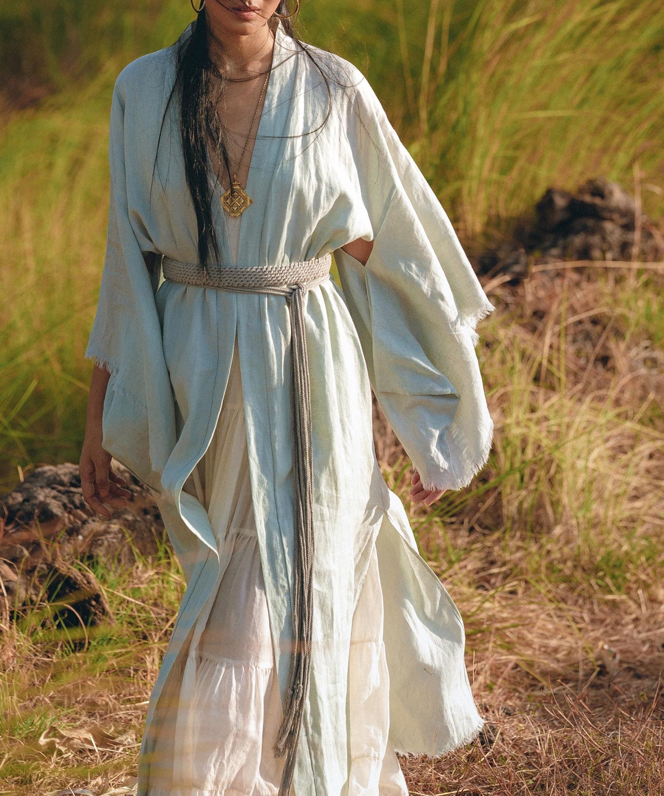 Linen Cardigan with Belt • Linen Sky Blue Overcoat • Long Jacket Women - AYA SW IDR