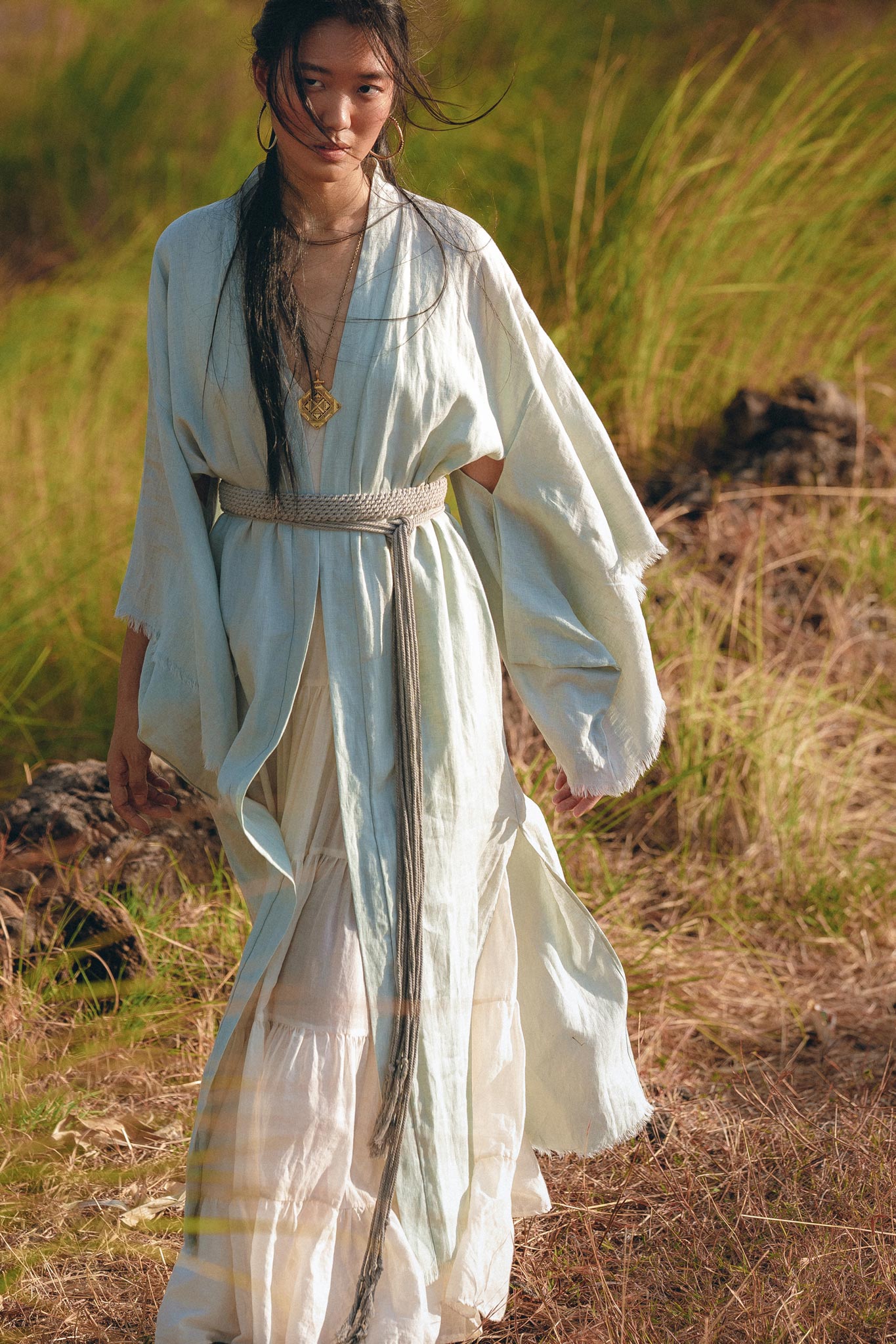 Linen Cardigan with Belt • Linen Sky Blue Overcoat • Long Jacket Women - AYA SW IDR