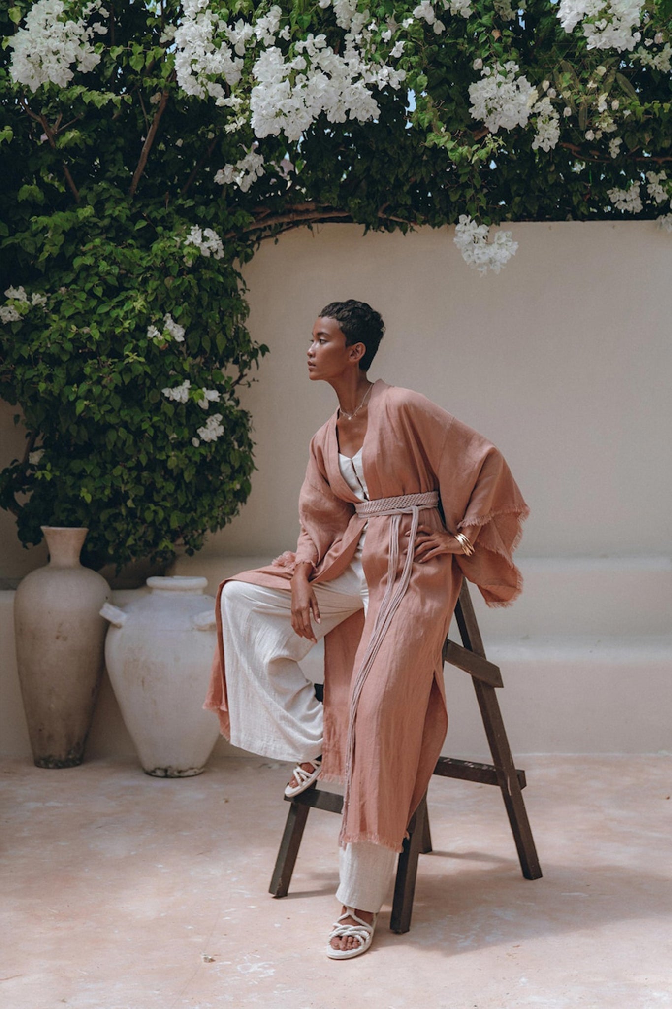 Linen Cardigan Women • Dusty Pink Overcoat • Boho Wrap Cardigan with Belt - AYA SW IDR