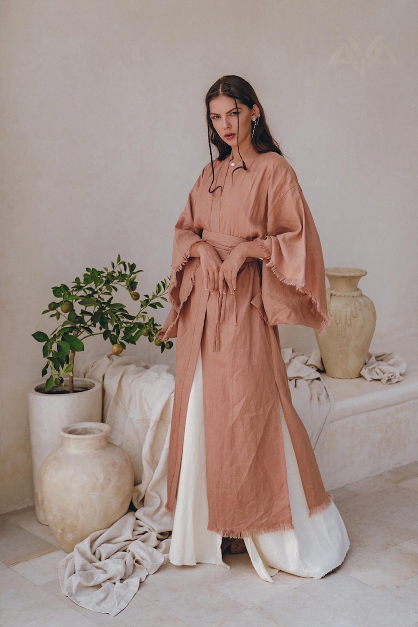 Linen Cardigan Women • Dusty Pink Overcoat • Boho Wrap Cardigan with Belt - AYA SW IDR