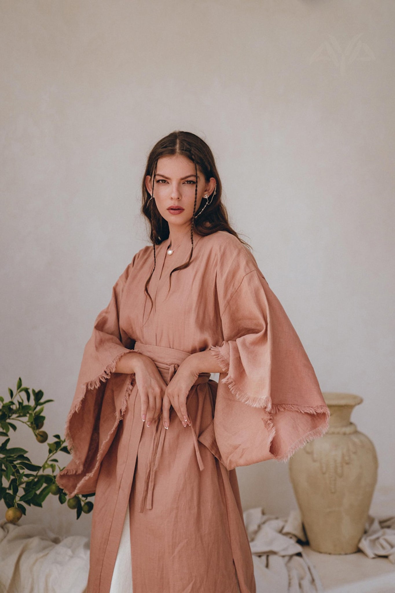 Linen Cardigan Women • Dusty Pink Overcoat • Boho Wrap Cardigan with Belt - AYA SW IDR
