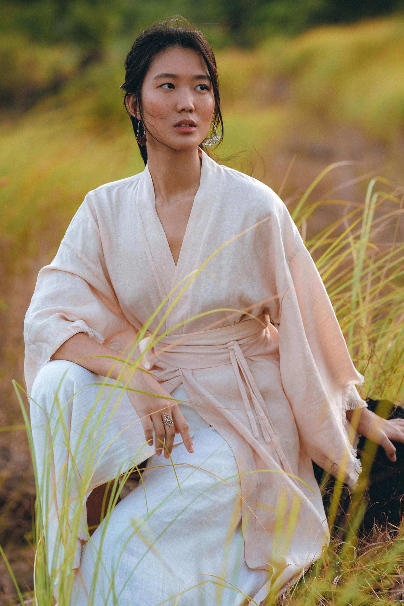 Linen Cardigan Women • Light Pink Overcoat • Linen Wrap Cardigan with Belt - AYA SW IDR