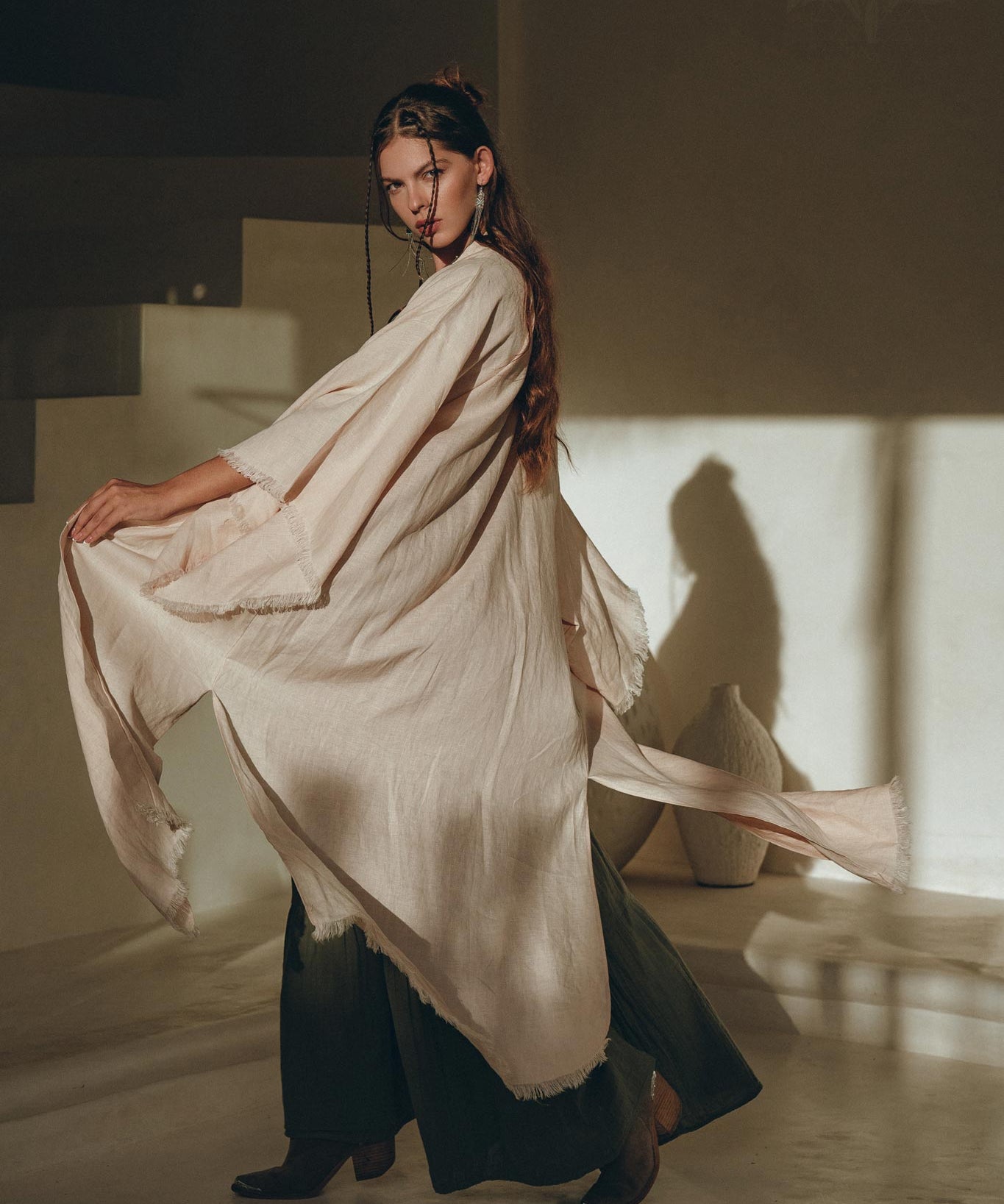 Linen Cardigan Women • Light Pink Overcoat • Linen Wrap Cardigan with Belt - AYA SW IDR