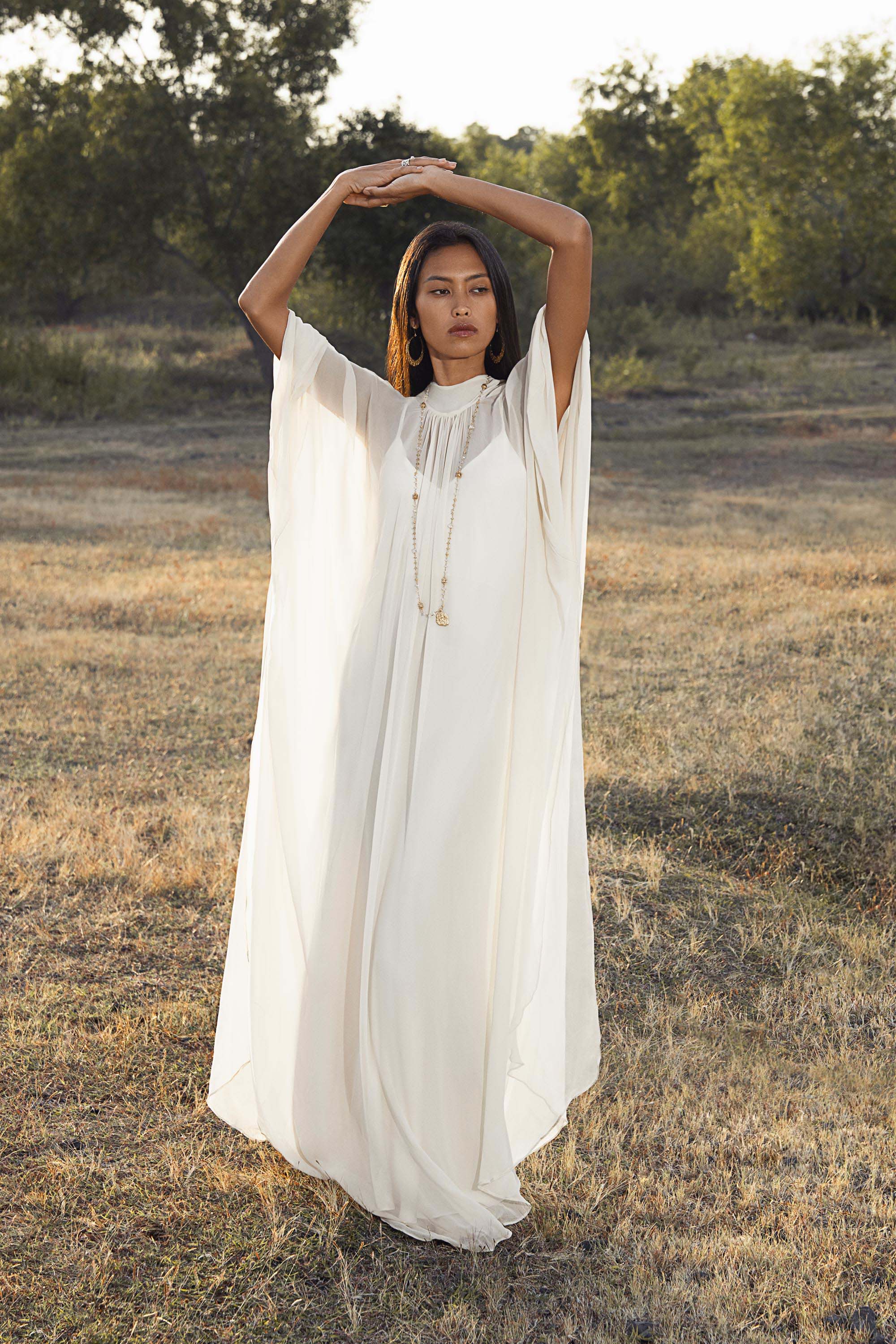 Mahadevi Dress Cream – Pure Silk Chiffon Goddess Gown - AYA SW IDR