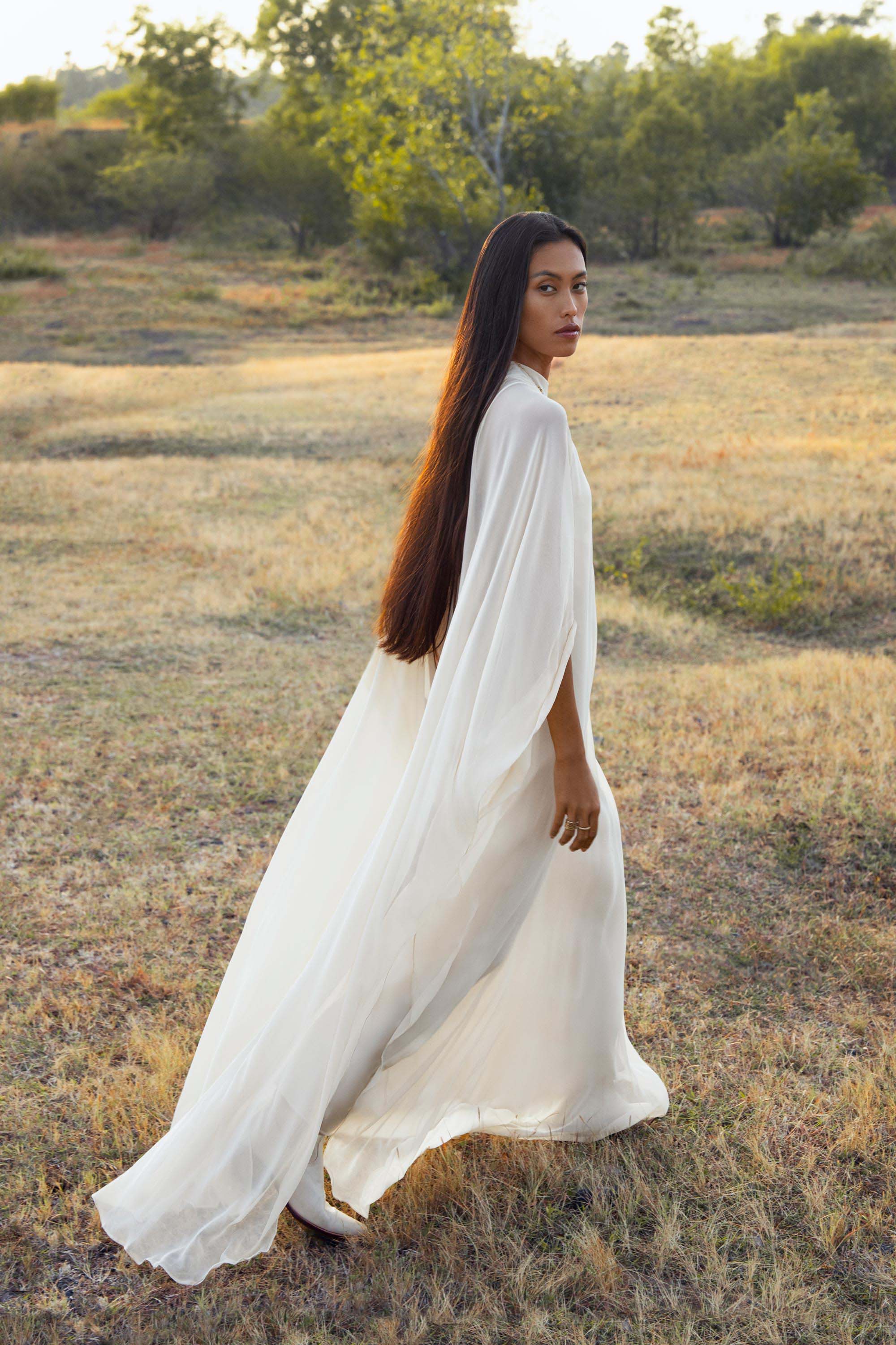 Mahadevi Dress Cream – Pure Silk Chiffon Goddess Gown - AYA SW IDR