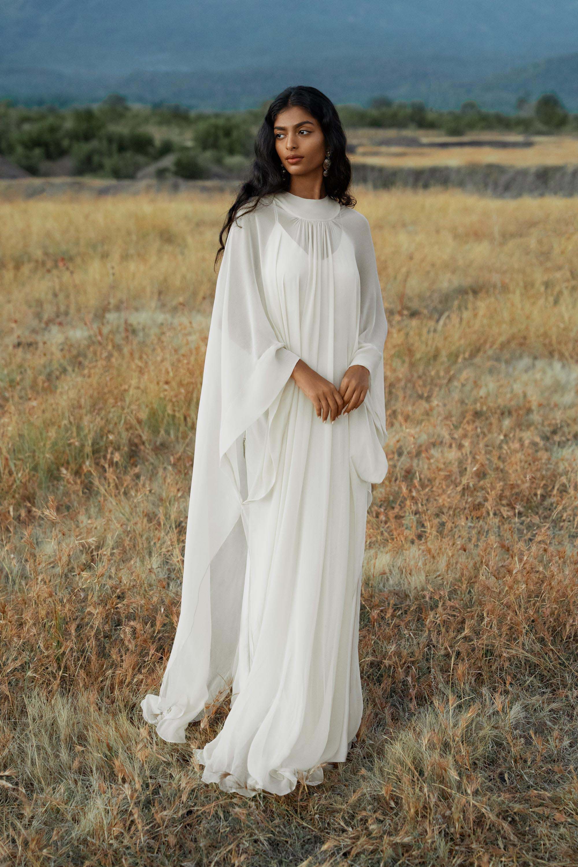Mahadevi Dress Cream – Pure Silk Chiffon Goddess Gown - AYA SW IDR
