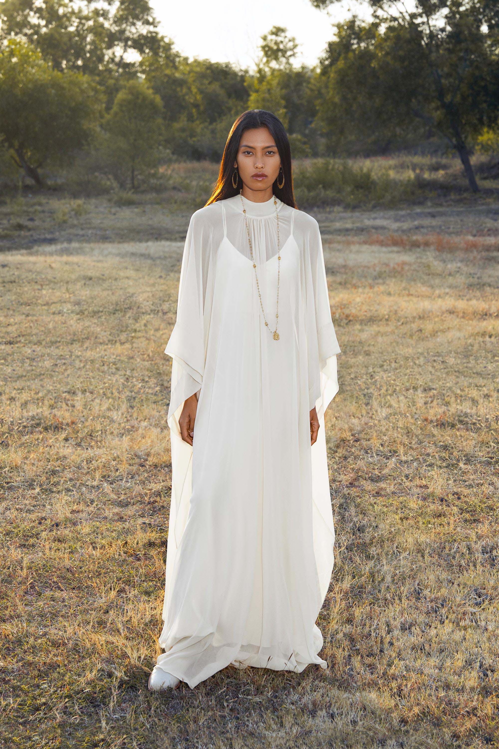 Mahadevi Dress Cream – Pure Silk Chiffon Goddess Gown - AYA SW IDR