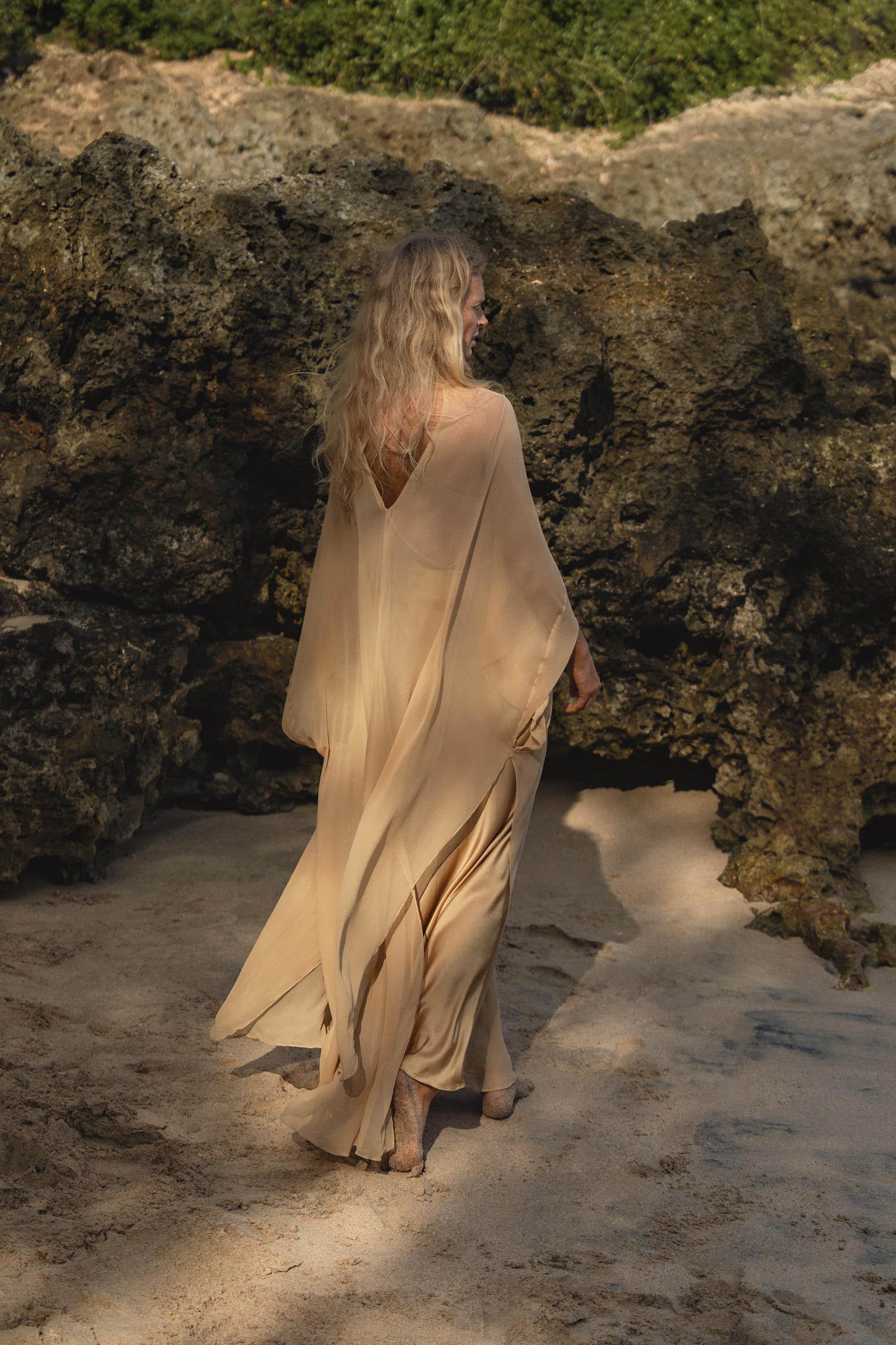 Mahadevi Dress Inka Gold – Pure Silk Chiffon Goddess Gown - AYA SW IDR