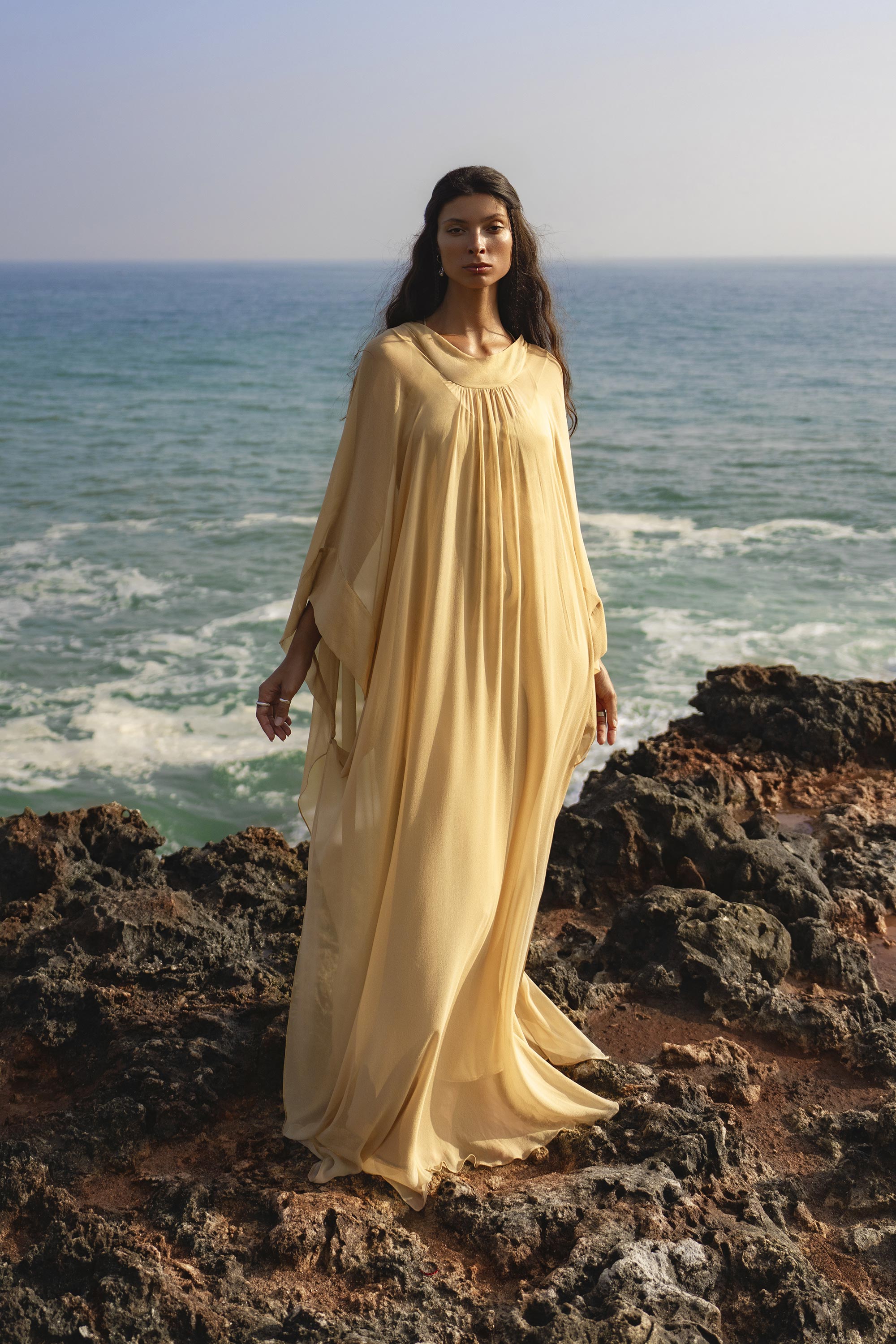 Mahadevi Dress Inka Gold – Pure Silk Chiffon Goddess Gown - AYA SW IDR
