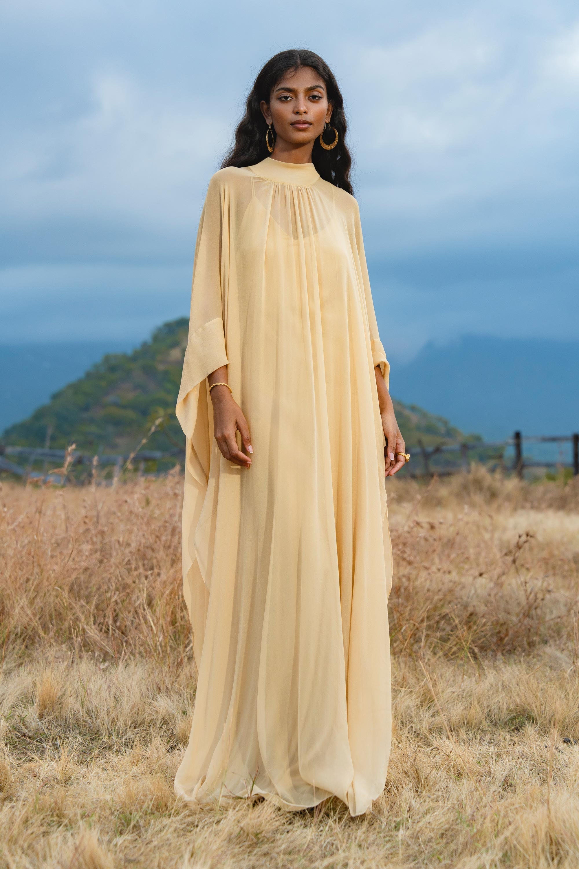 Mahadevi Dress Inka Gold – Pure Silk Chiffon Goddess Gown - AYA SW IDR