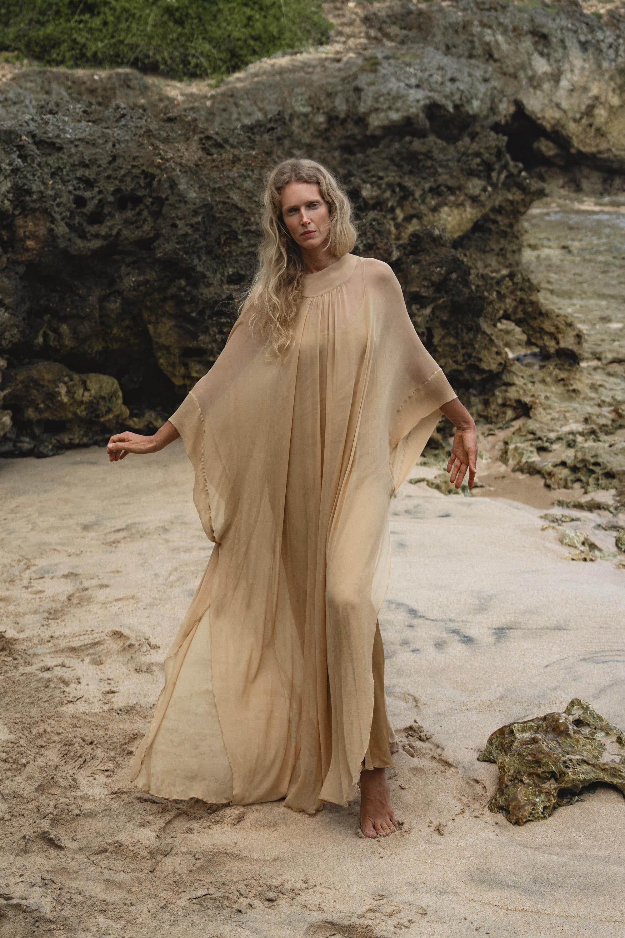 Mahadevi Dress Inka Gold – Pure Silk Chiffon Goddess Gown - AYA SW IDR