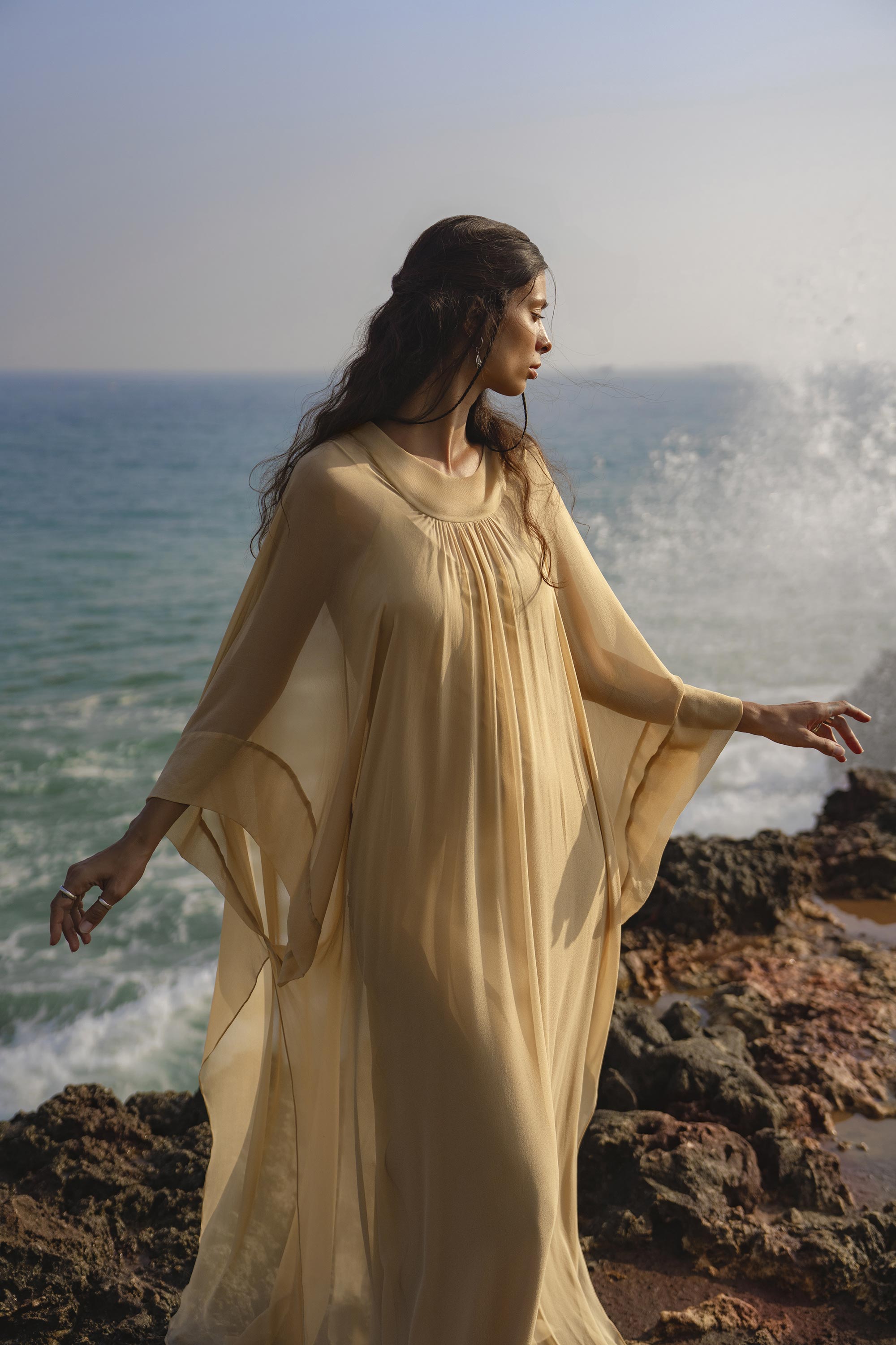 Mahadevi Dress Inka Gold – Pure Silk Chiffon Goddess Gown - AYA SW IDR