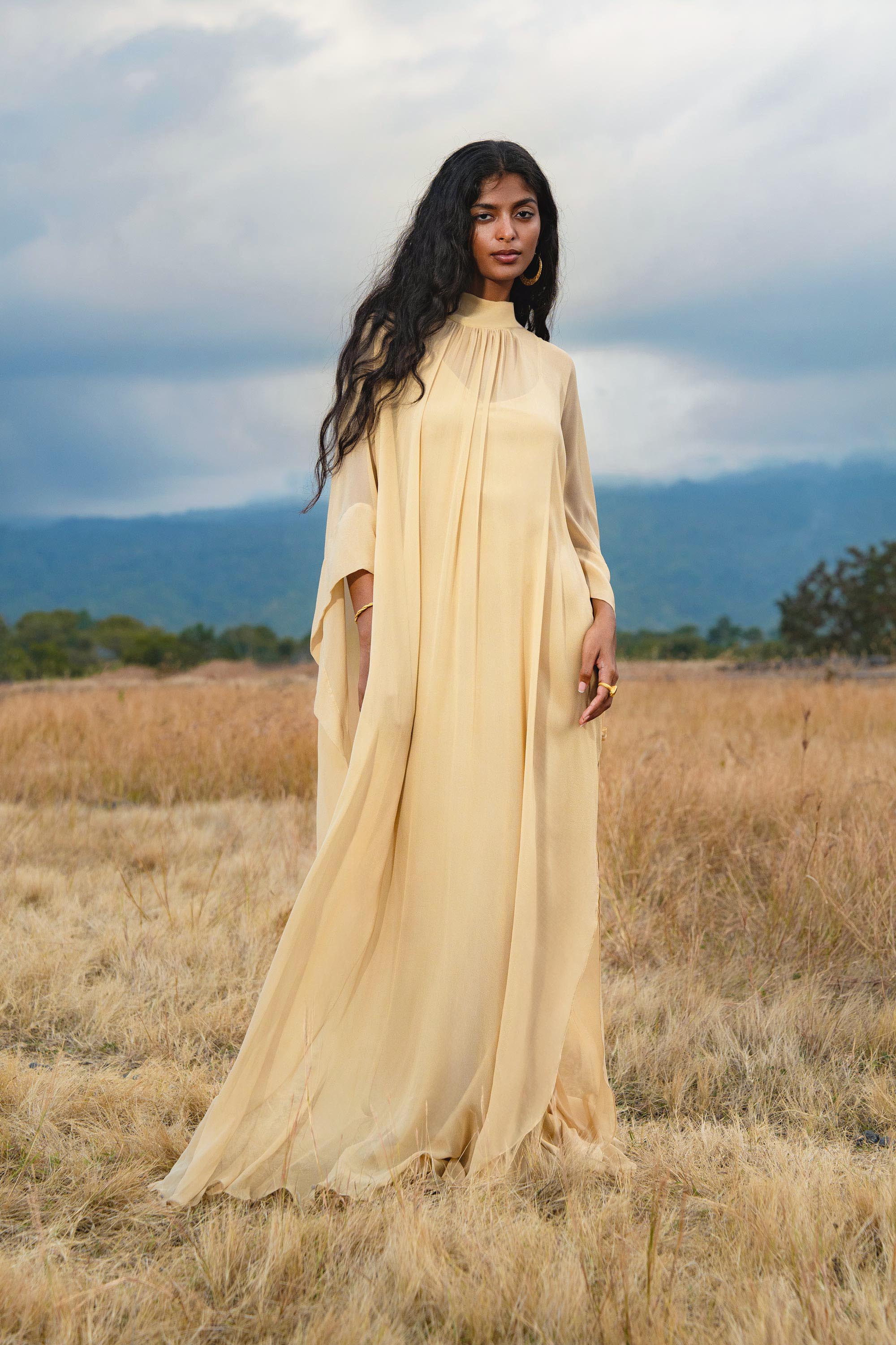 Mahadevi Dress Inka Gold – Pure Silk Chiffon Goddess Gown - AYA SW IDR