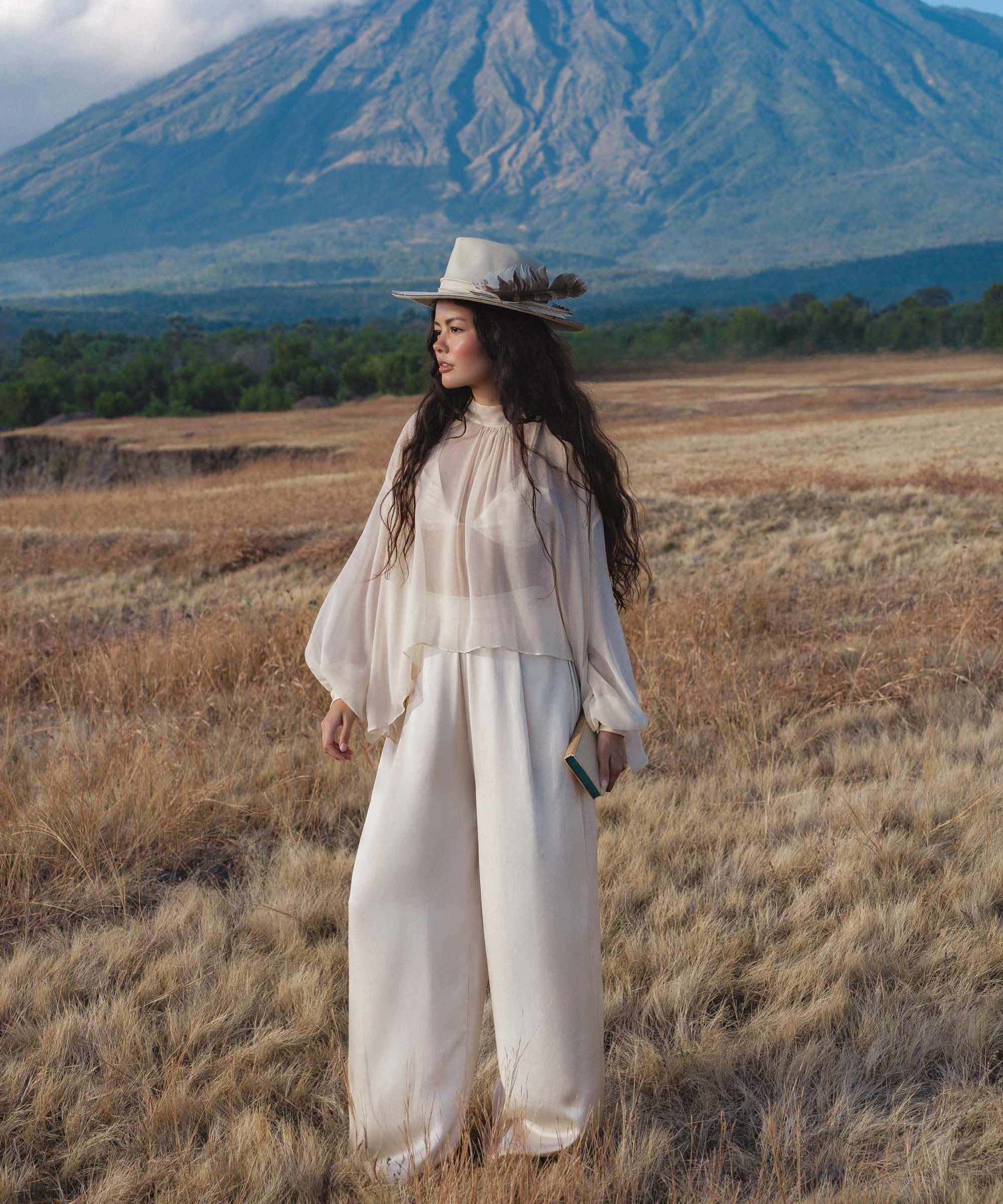 Maharani Blouse in Cream Colour – Pure Silk Chiffon Boho Top - AYA SW IDR